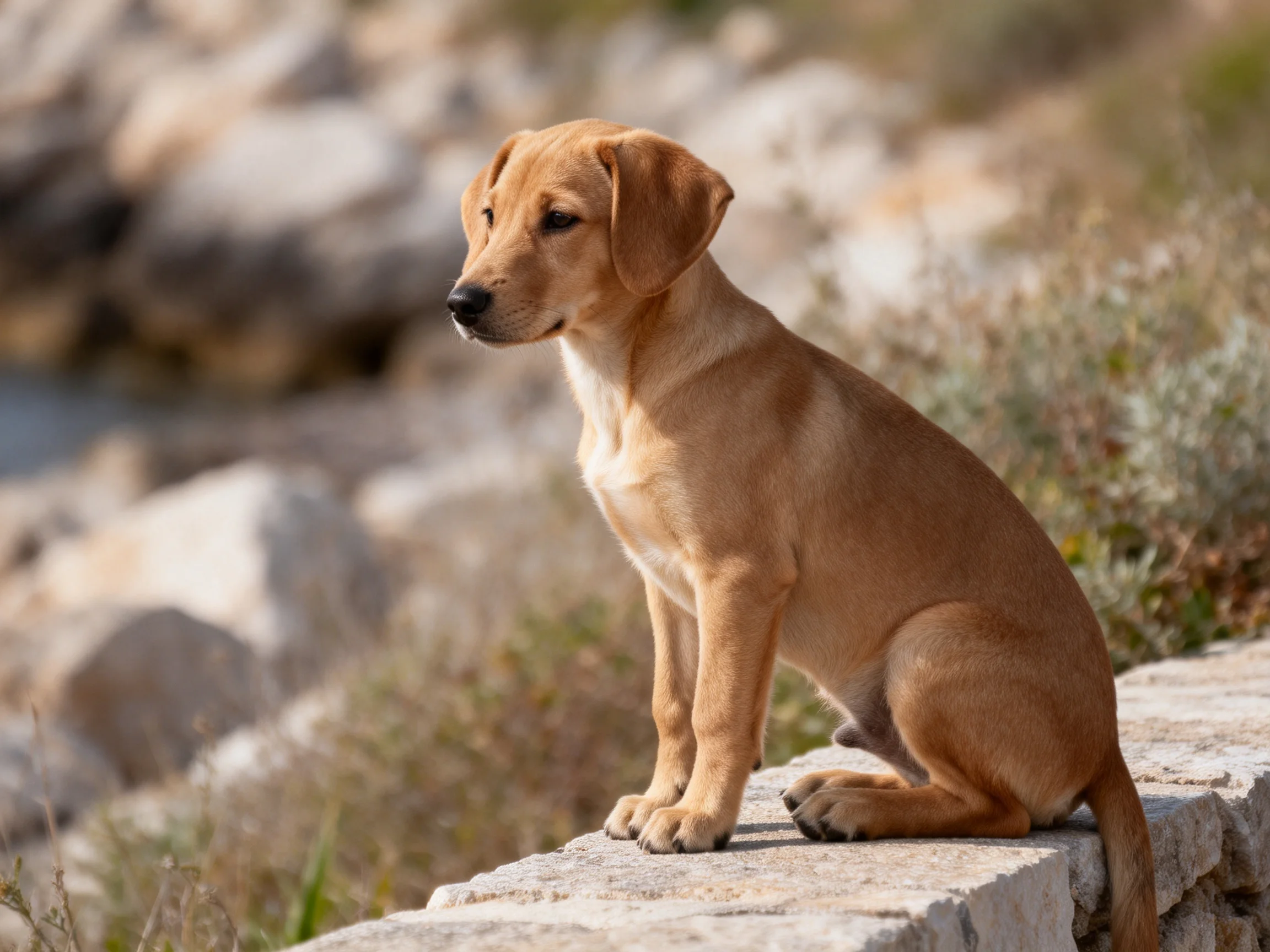 A tan puppy sits on a stone ledge amid rocks and vegetation