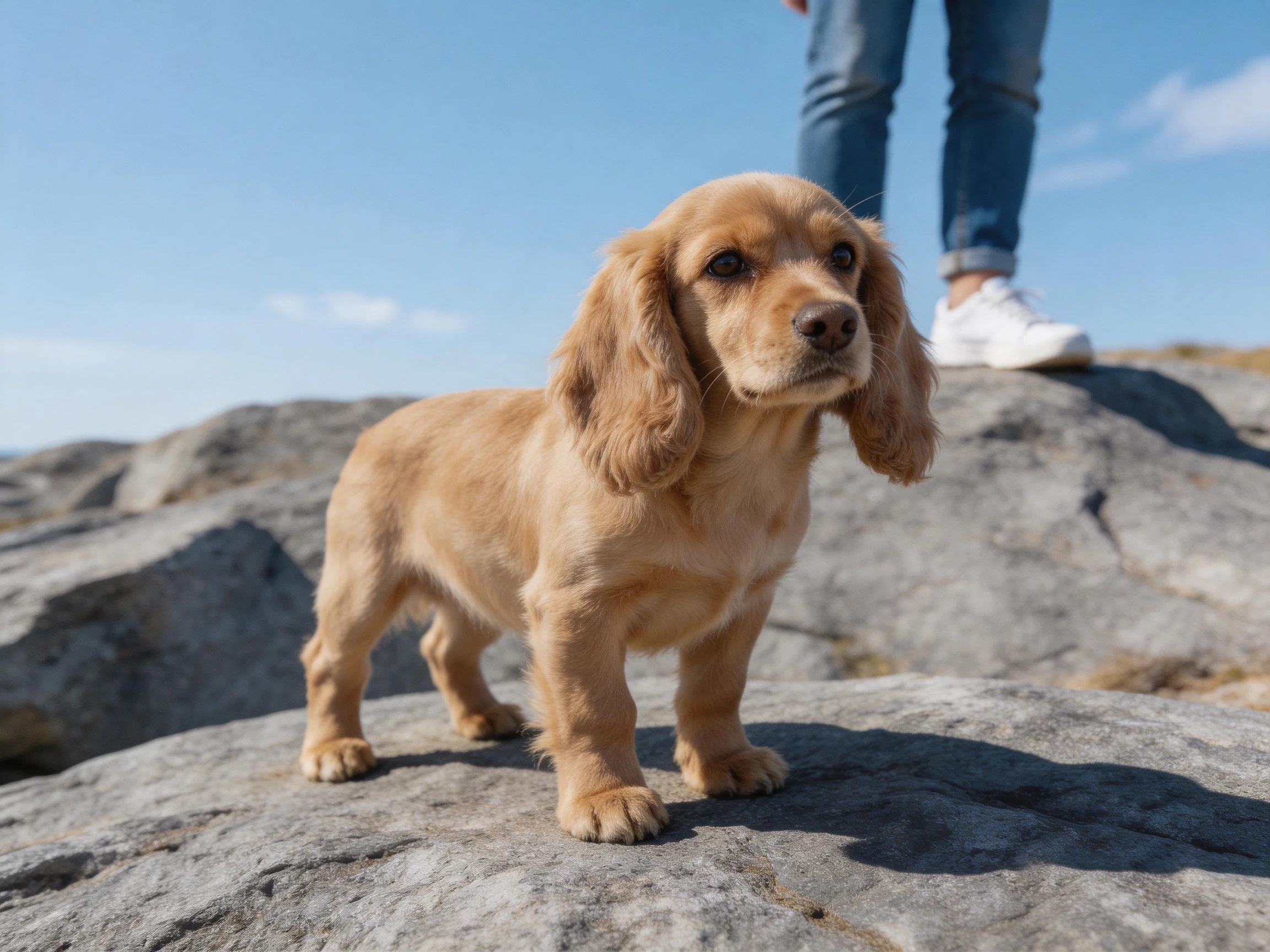 A tan puppy stands on rocks with a person nearby jeans nearby