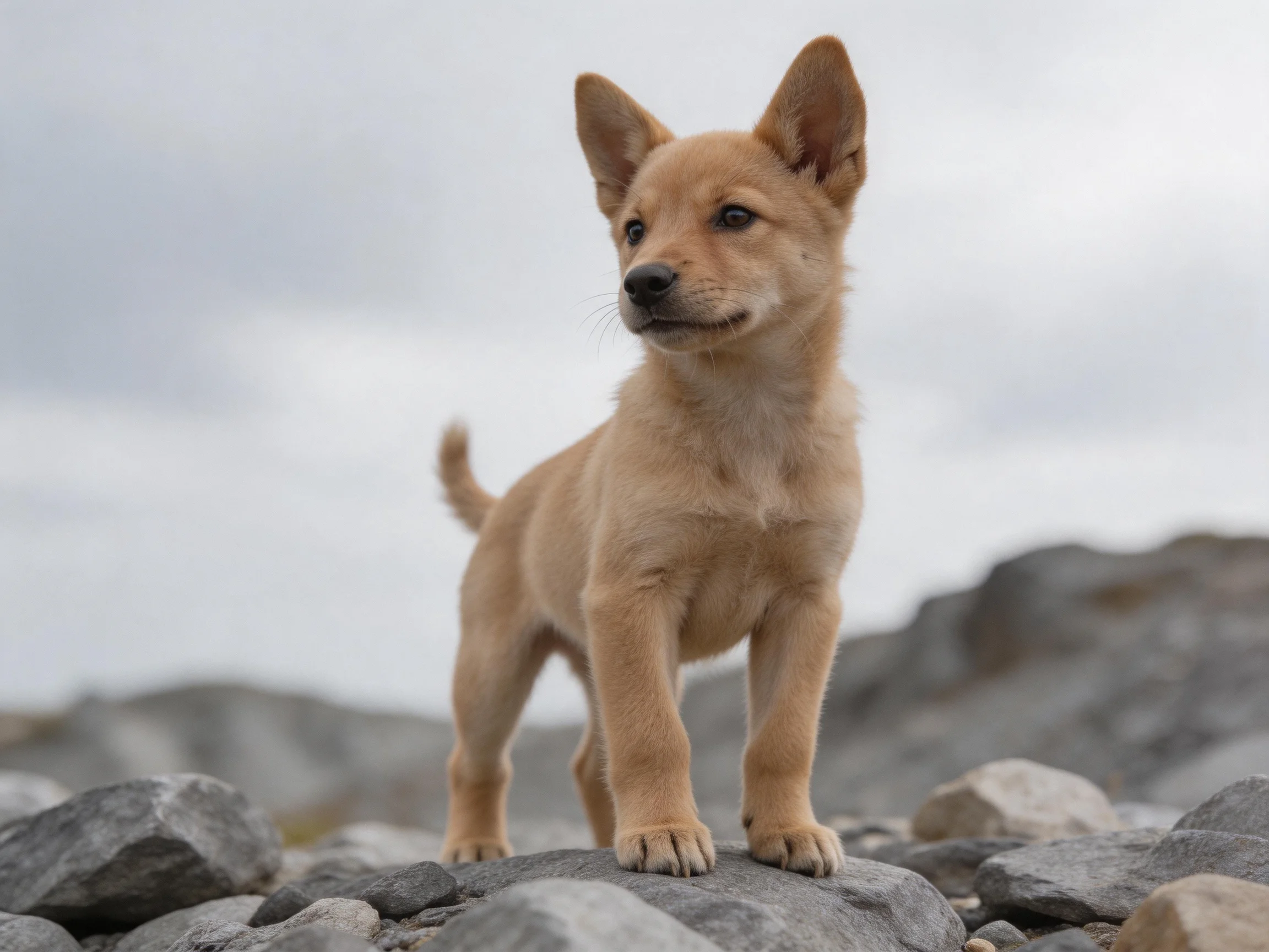 A tan puppy stands on rocks in an outdoor rocky area.