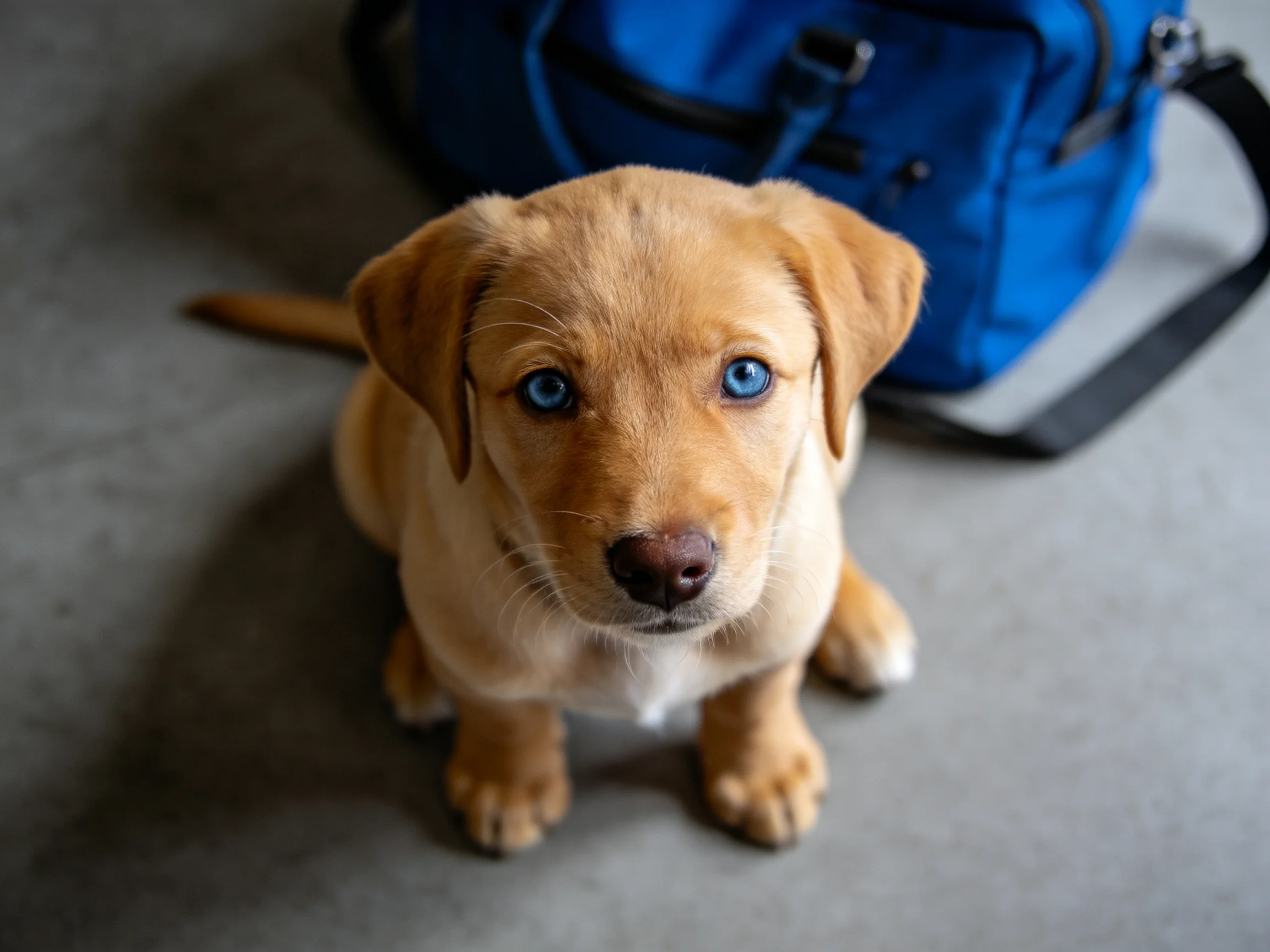 A tan puppy withblue eyes sits next to a blue bag on a gray floor.