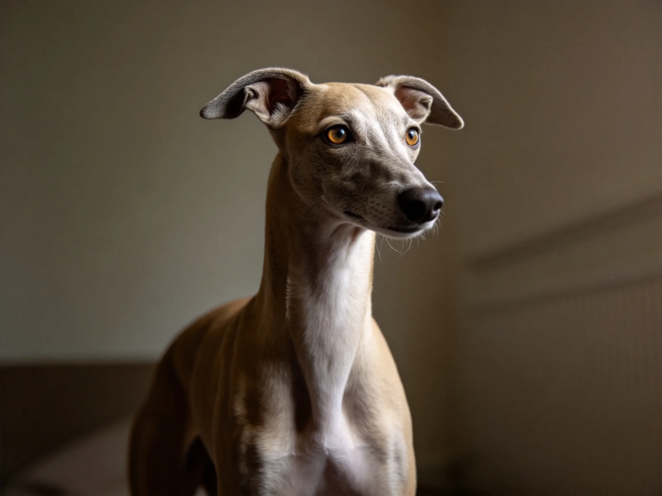 A tan whippet with white markings stands against a plain wall