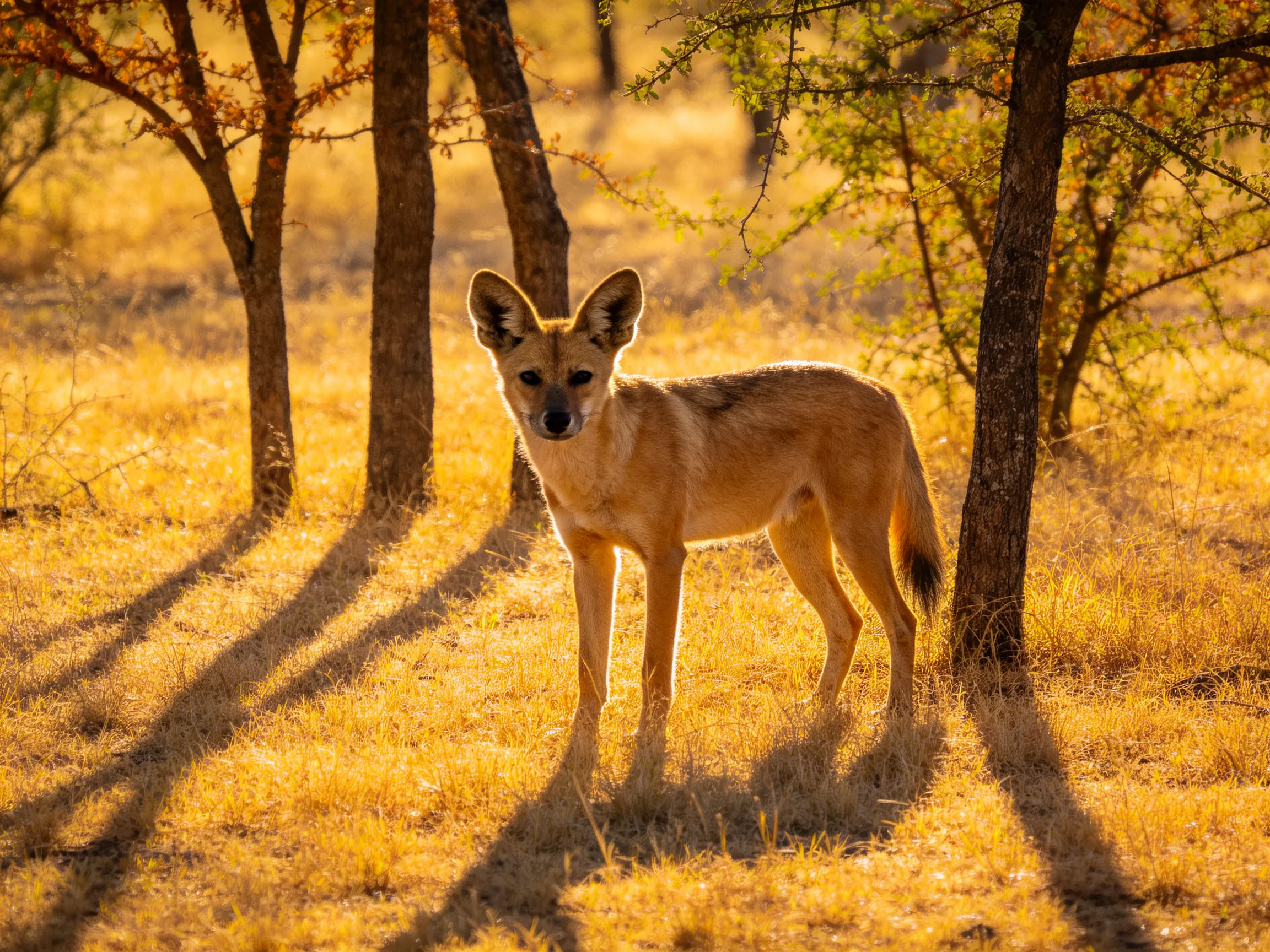 A tan wild dog stands alone in golden savannah with scattered trees