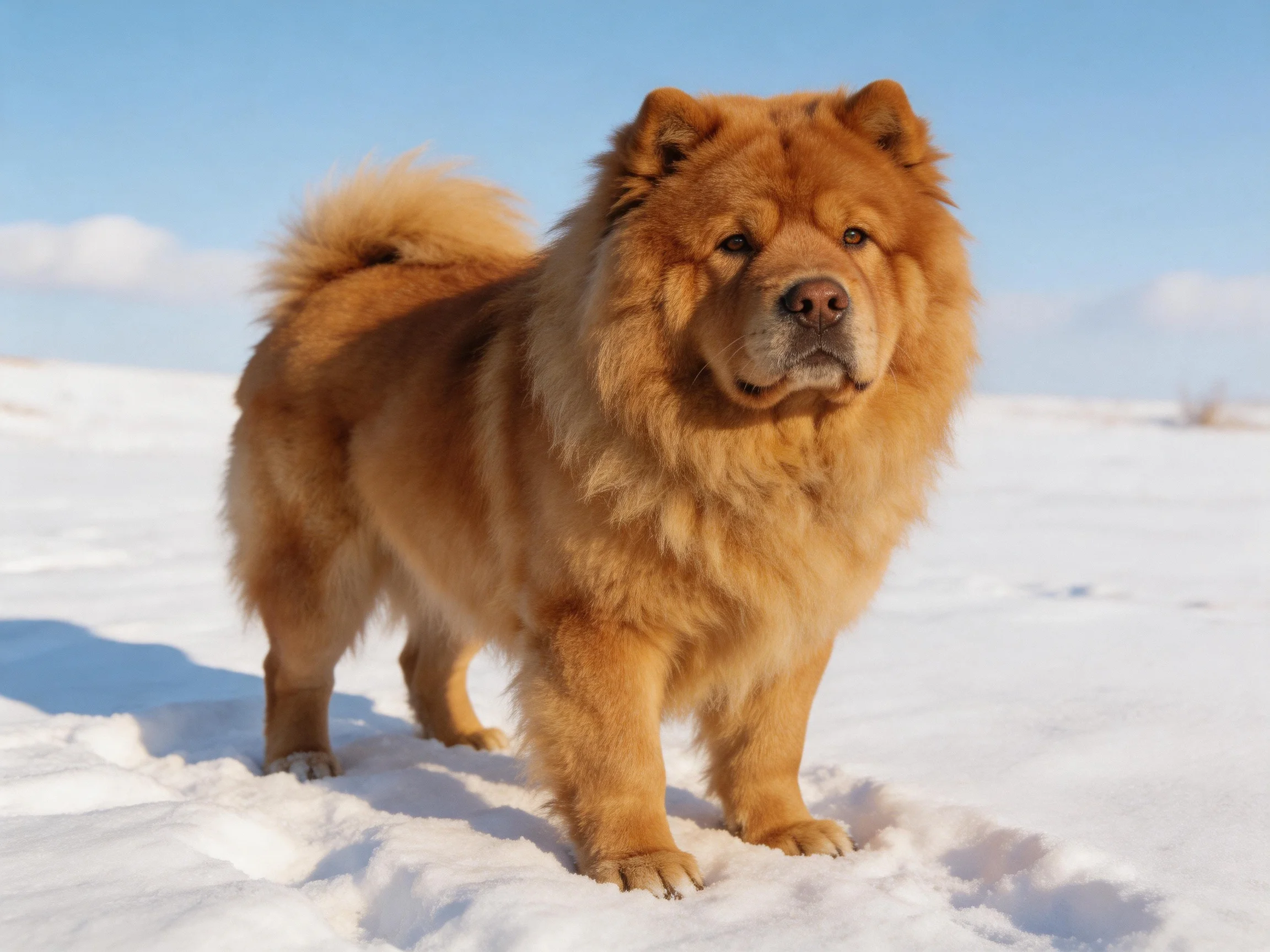 A thick-coated tan Chow dog stands on a snowy field under clear blue sky