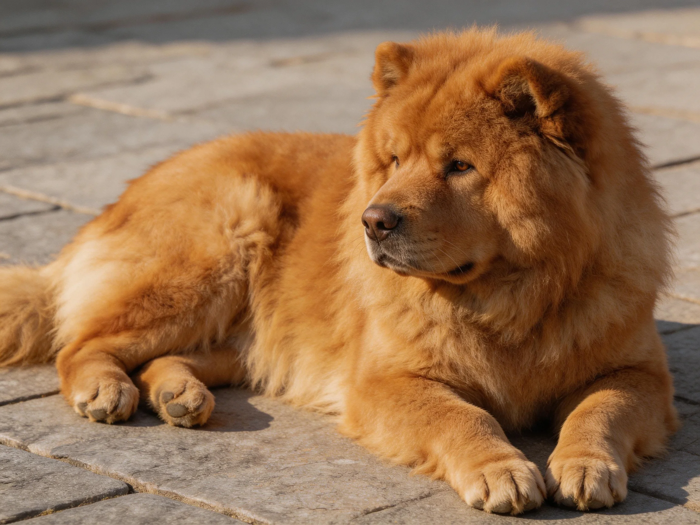 A Chow with thick reddish fur rests on stone tiles.