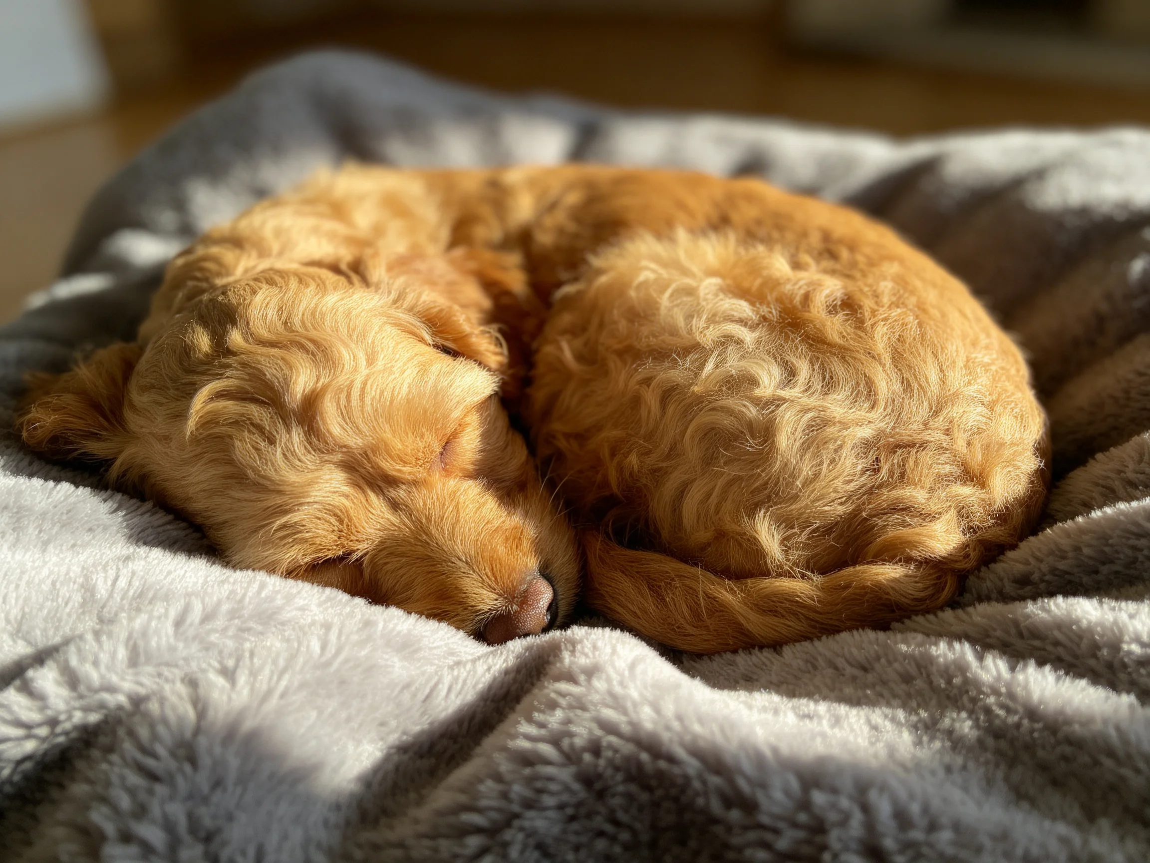A tiny golden puppy curls asleep on a plush gray blanket