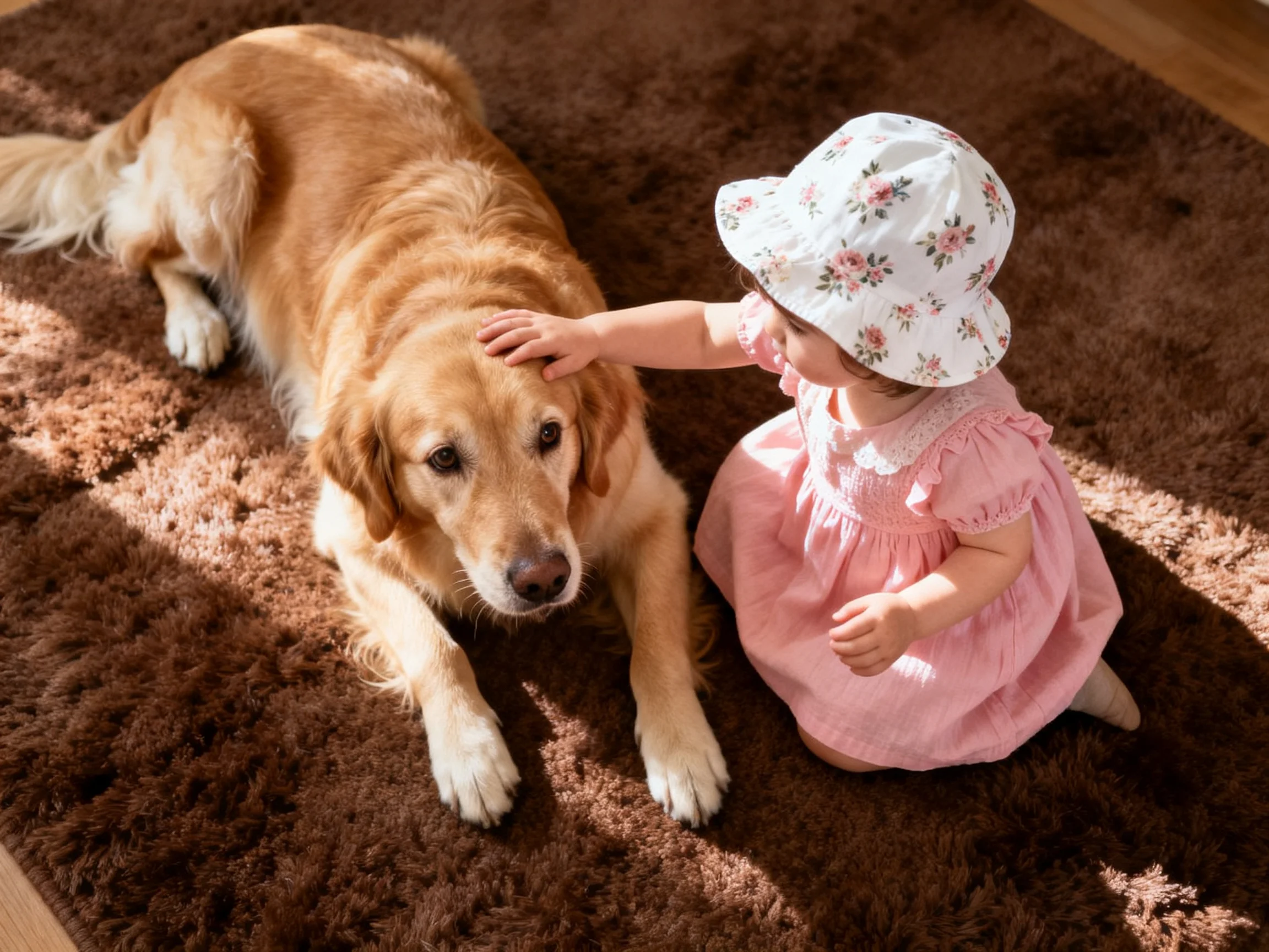 A toddler in pink interacts with a golden retriever on a brown rug