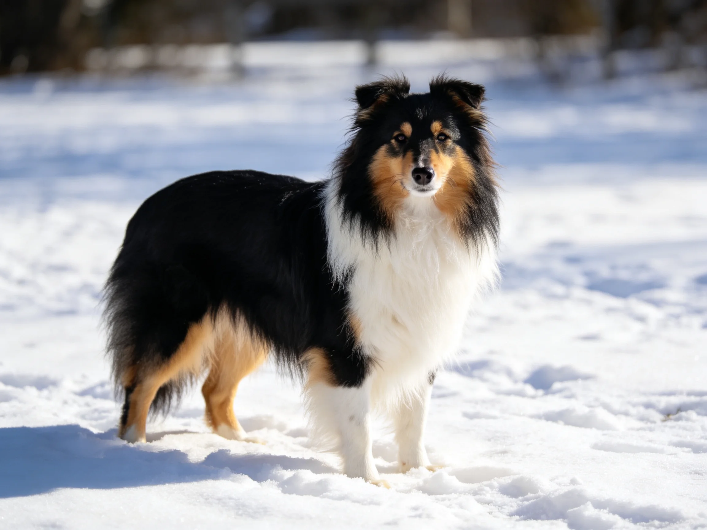 A tri-colored Sheltie dog on snowy terrain