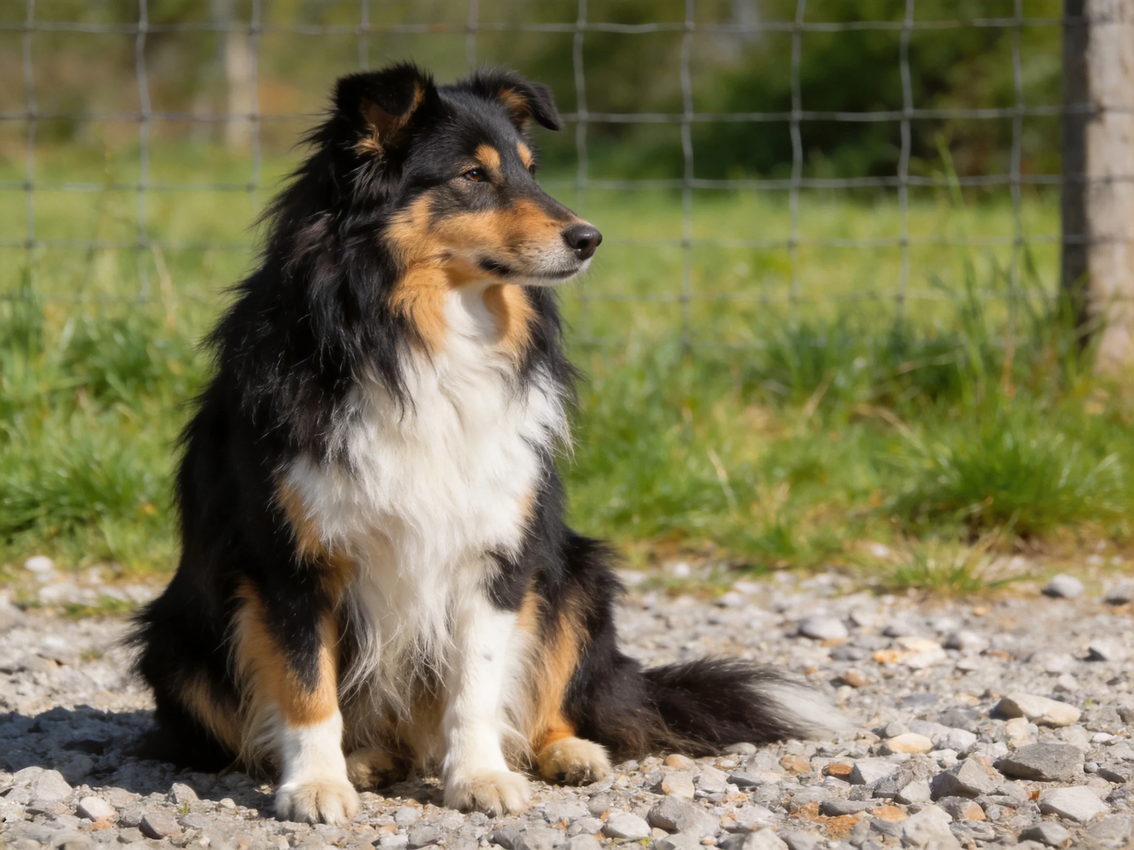 A tri-colored collie sits on gravel by a wire fence