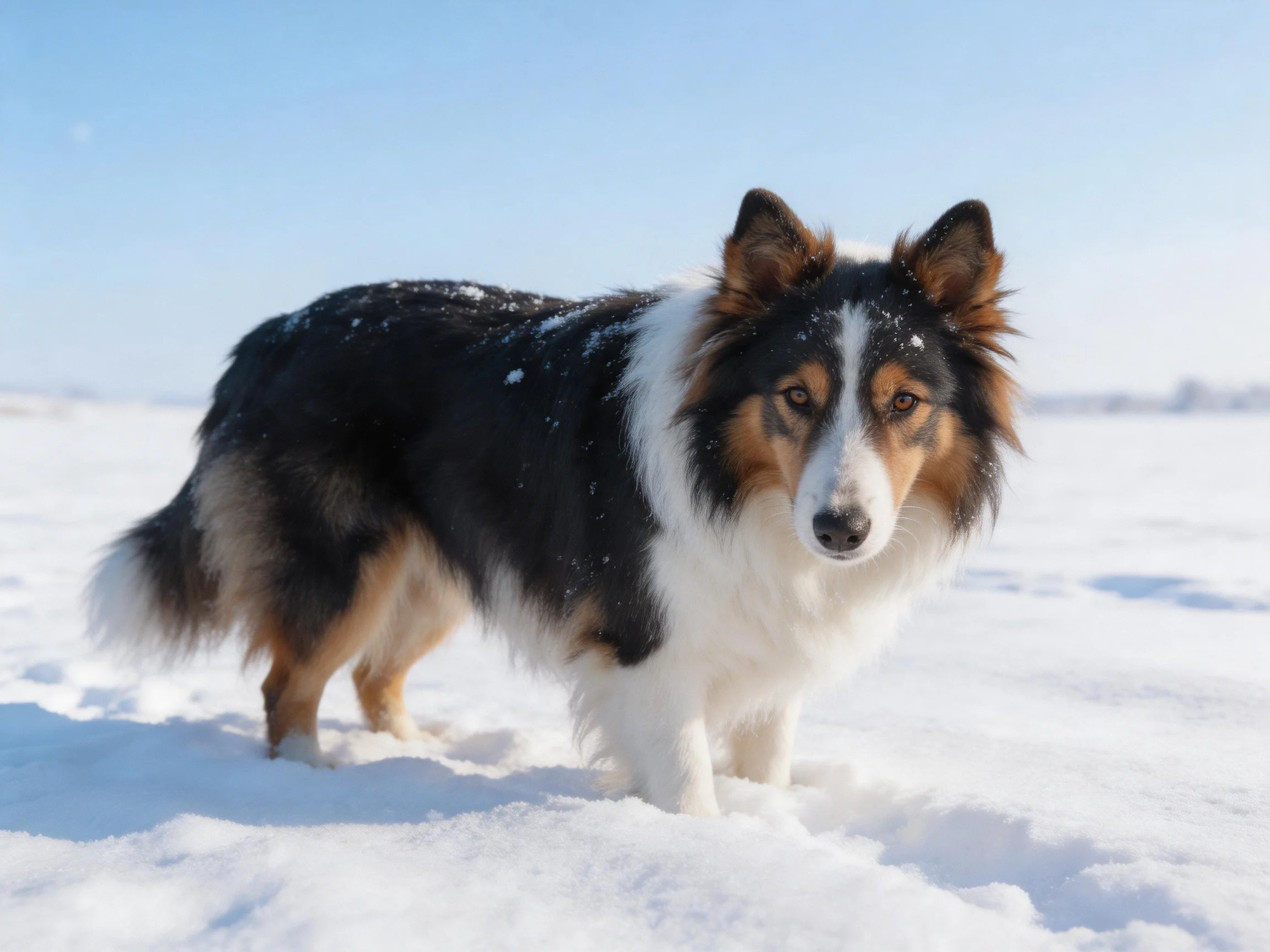 A tri-colored dog stands in a bright snowy landscape.