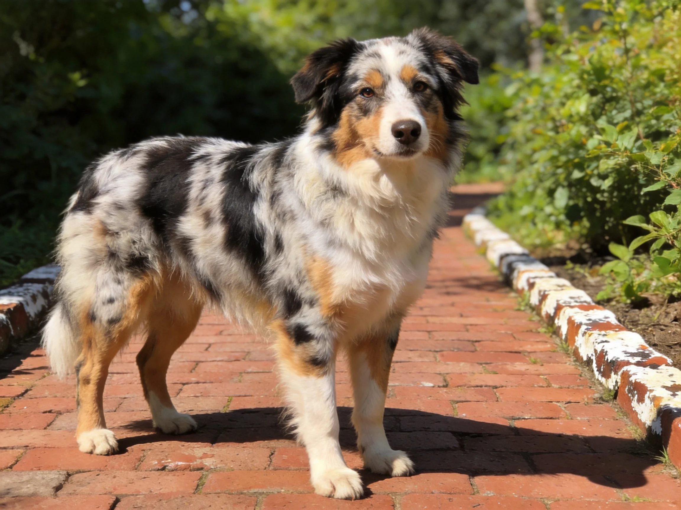 A tri - colored dog stands on a brick path amid greenery in a sunlit space