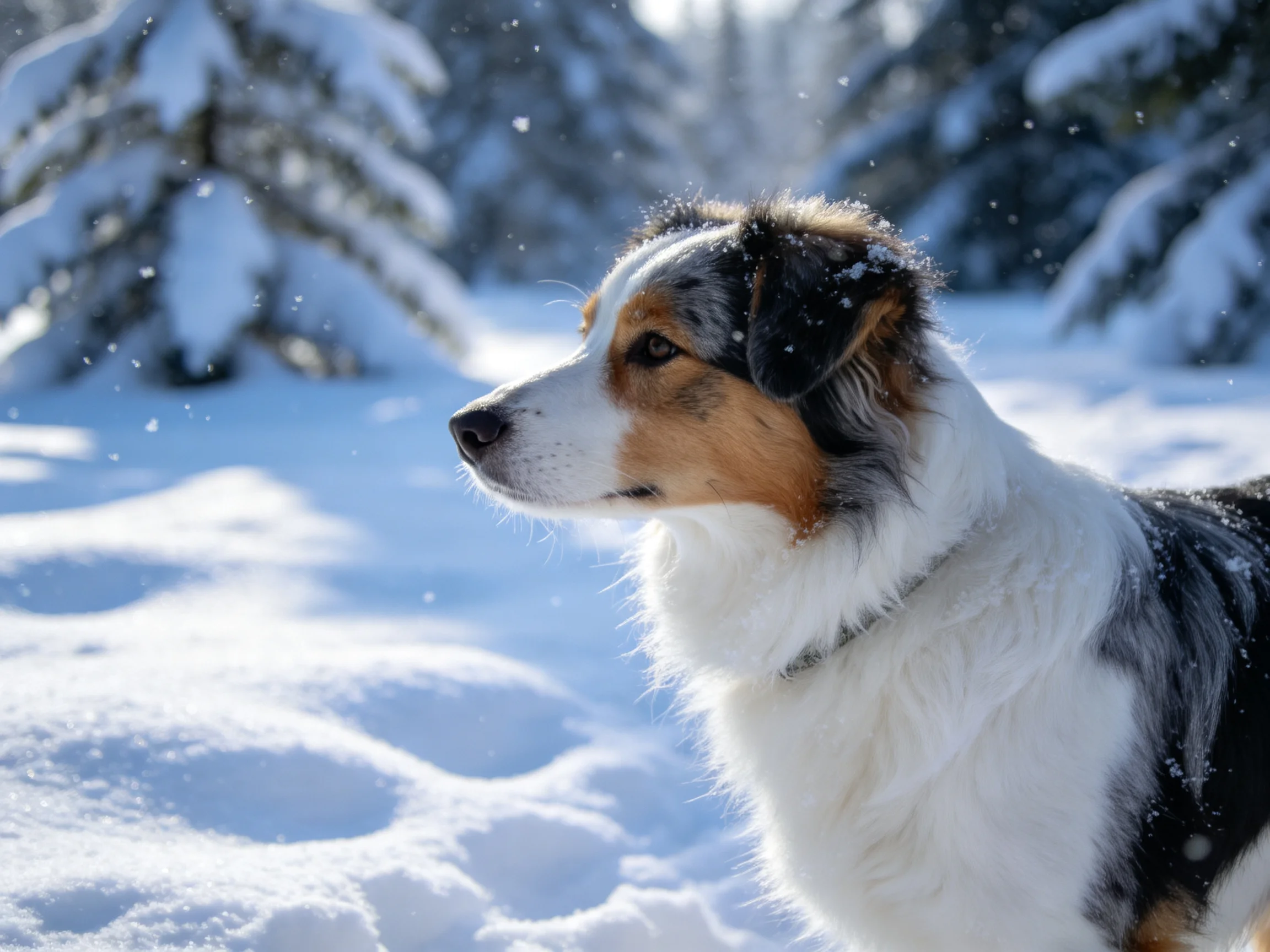 A tri-colored dog in a snowy landscape with snow-draped trees
