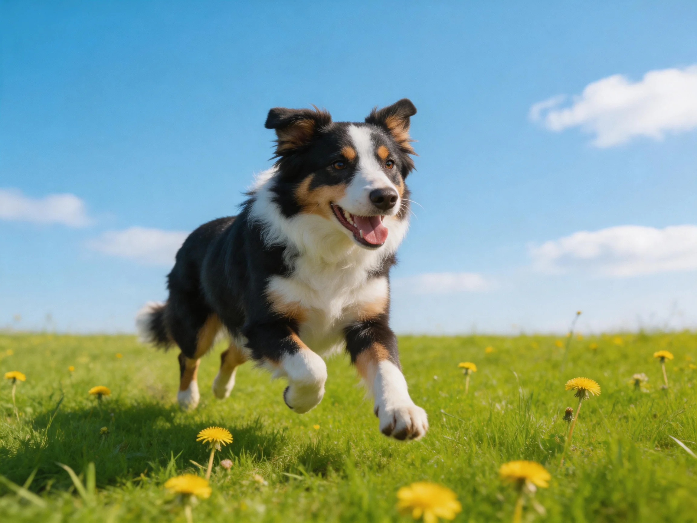 A tri-colored dog runs happily through a sunny meadow with dandelions.
