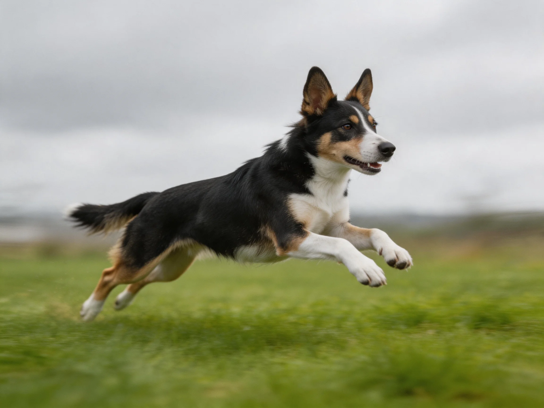 A tri-colored dog leaps through lush green grass under an overcast sky