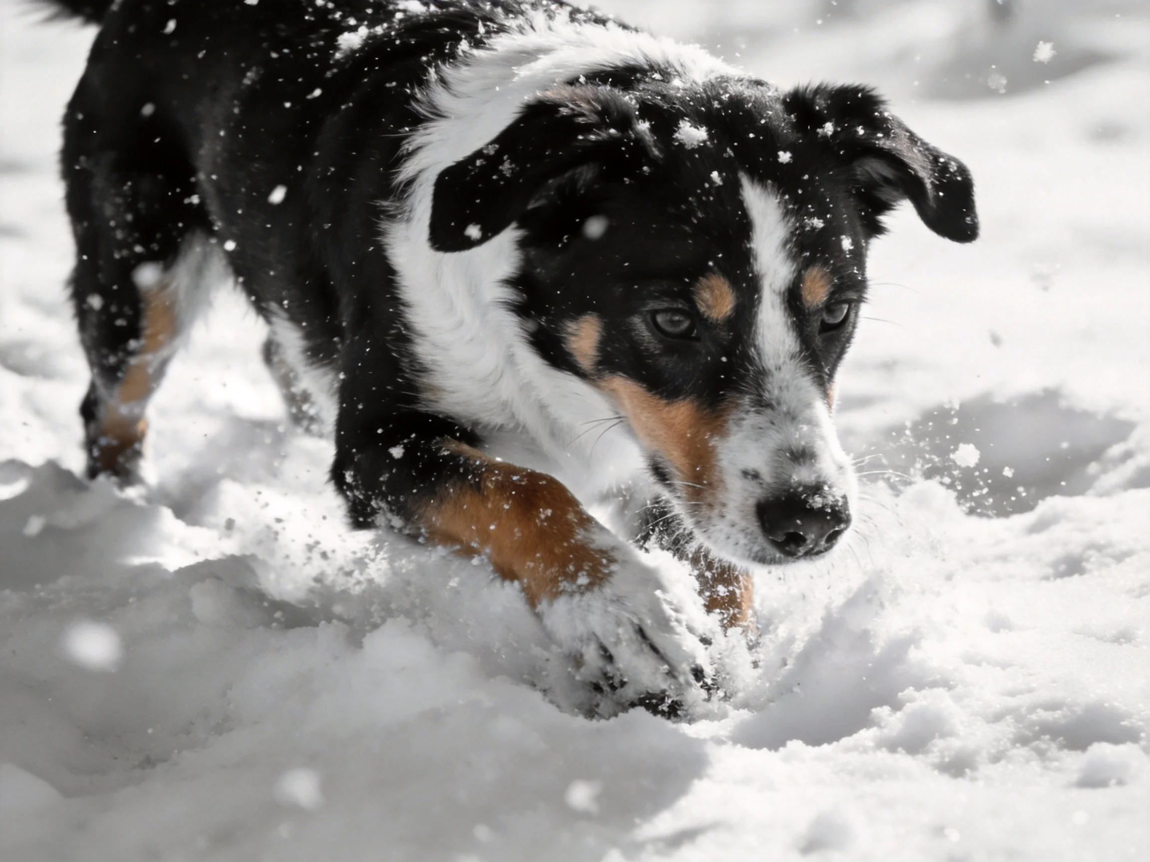 A tri-colored dog runs through deep snow.
