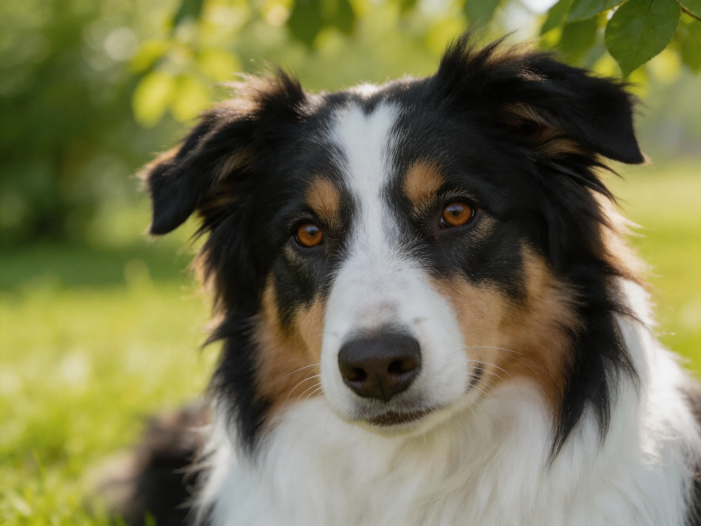 A tri-colored dog rests serenely in a sunlit outdoor area