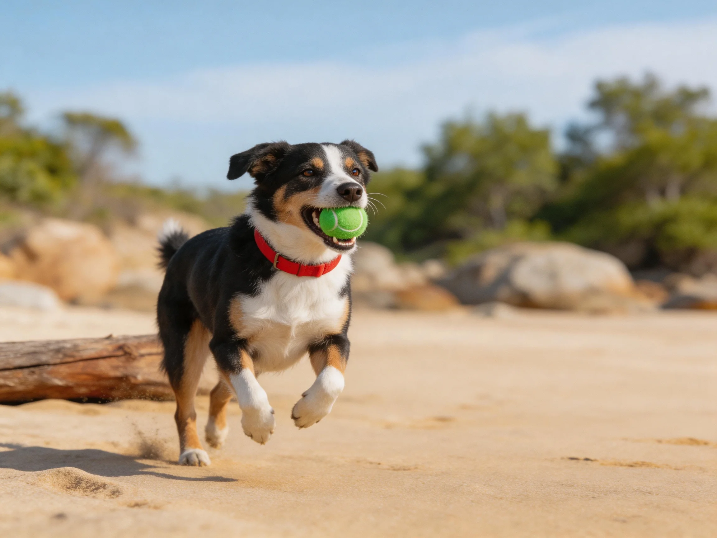 A tri-colored dog runs on sand with a bright green tennis ball