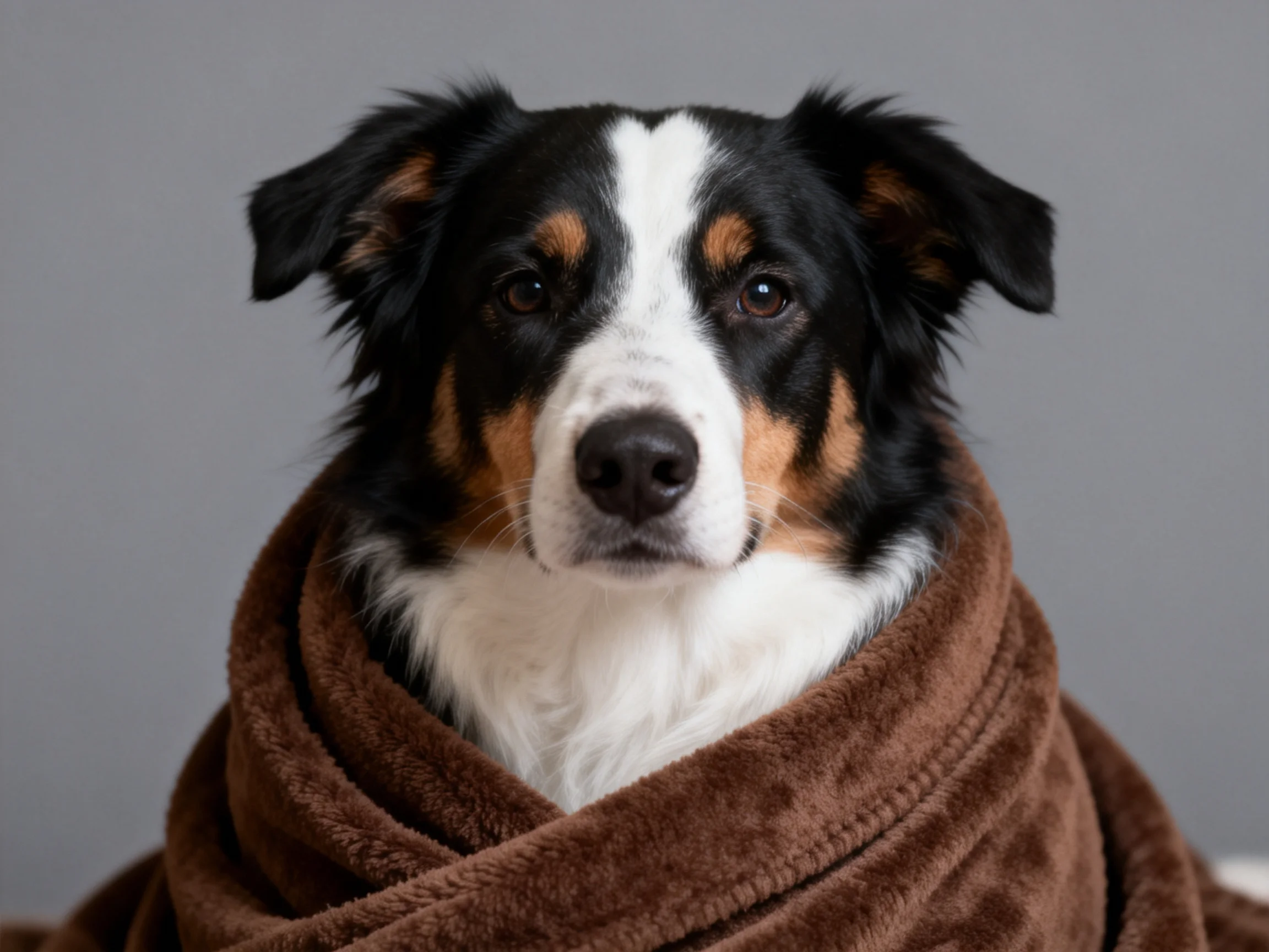 A tri-colored dog wrapped in a brown blanket on a gray backdrop