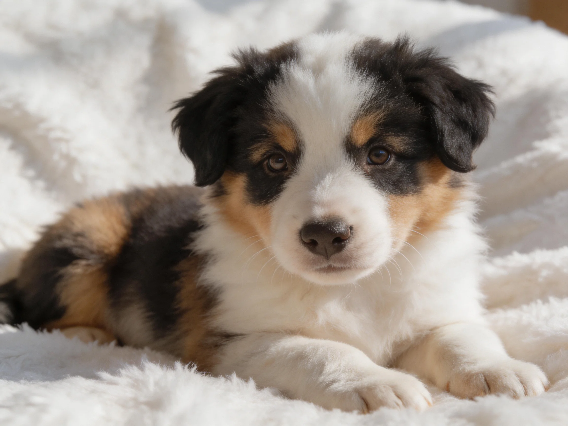 A tri-colored puppy relaxes on a fluffy white blanket