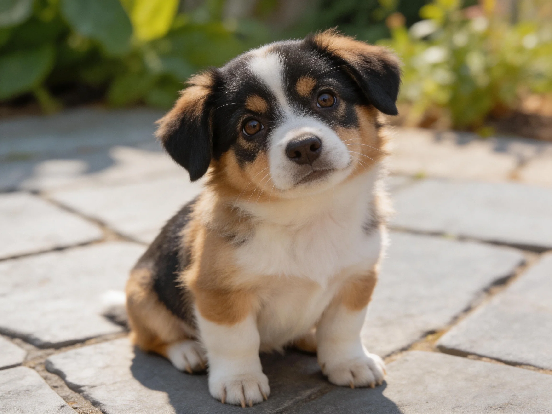 A tri-colored puppy sits on stone pavement in a sunlit outdoor area.