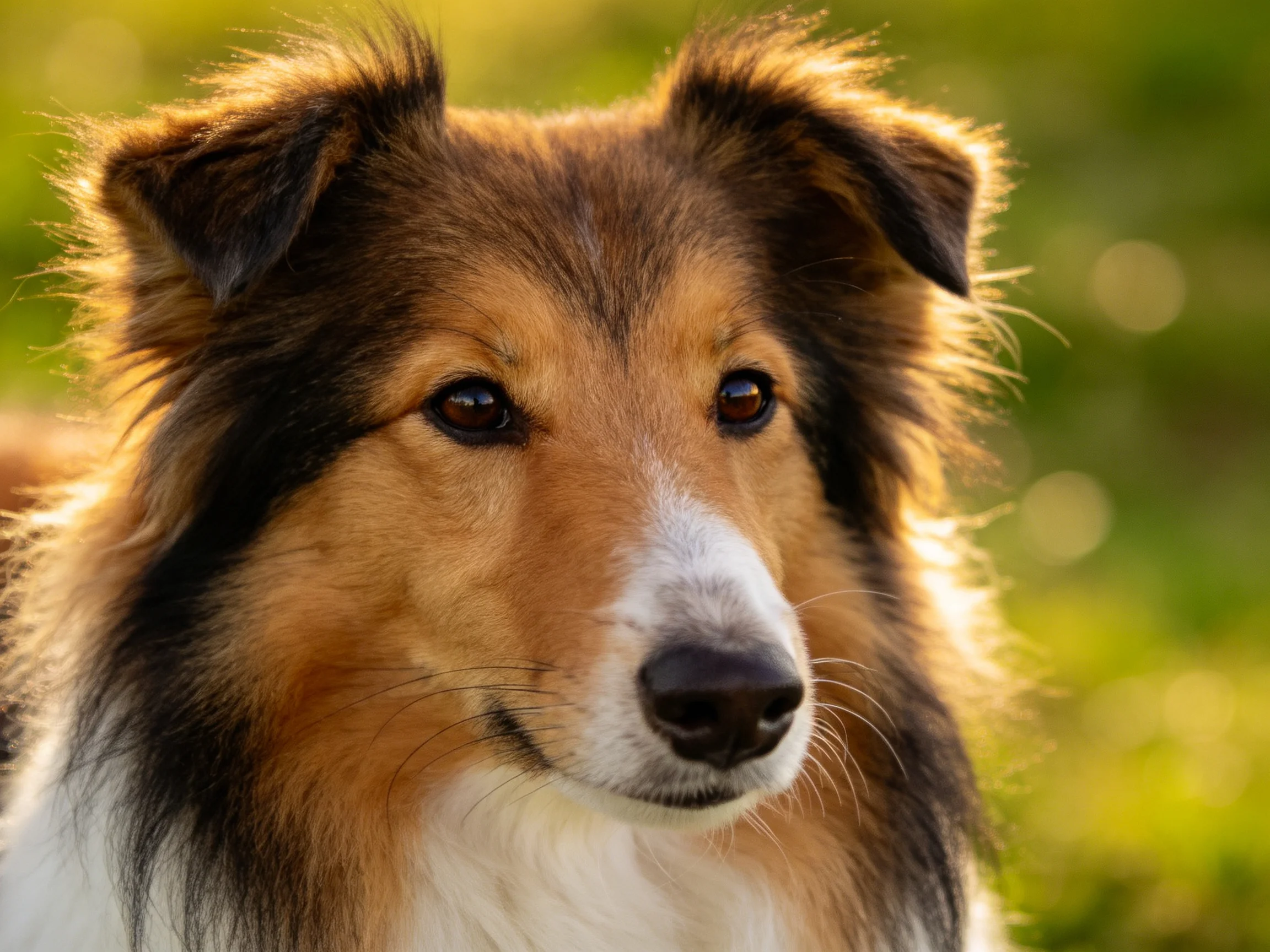 A tricolor - coated Sheltie with shaggy fur in natural light