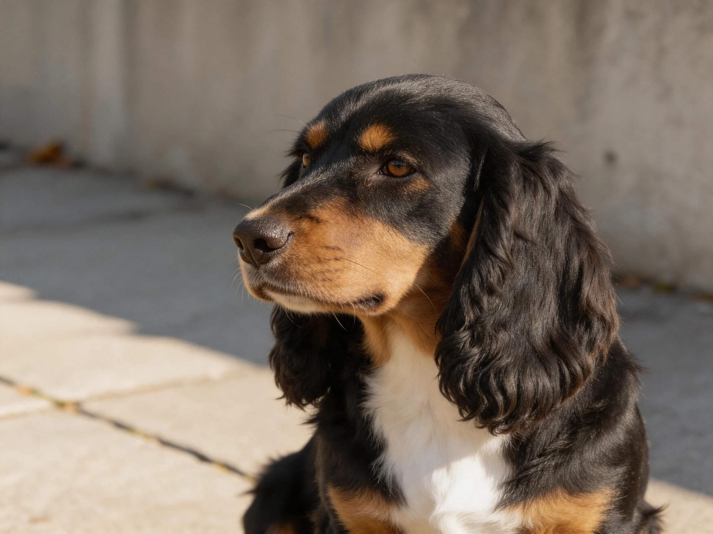 A tricolor - coated dog with long ears sits near a concrete wall