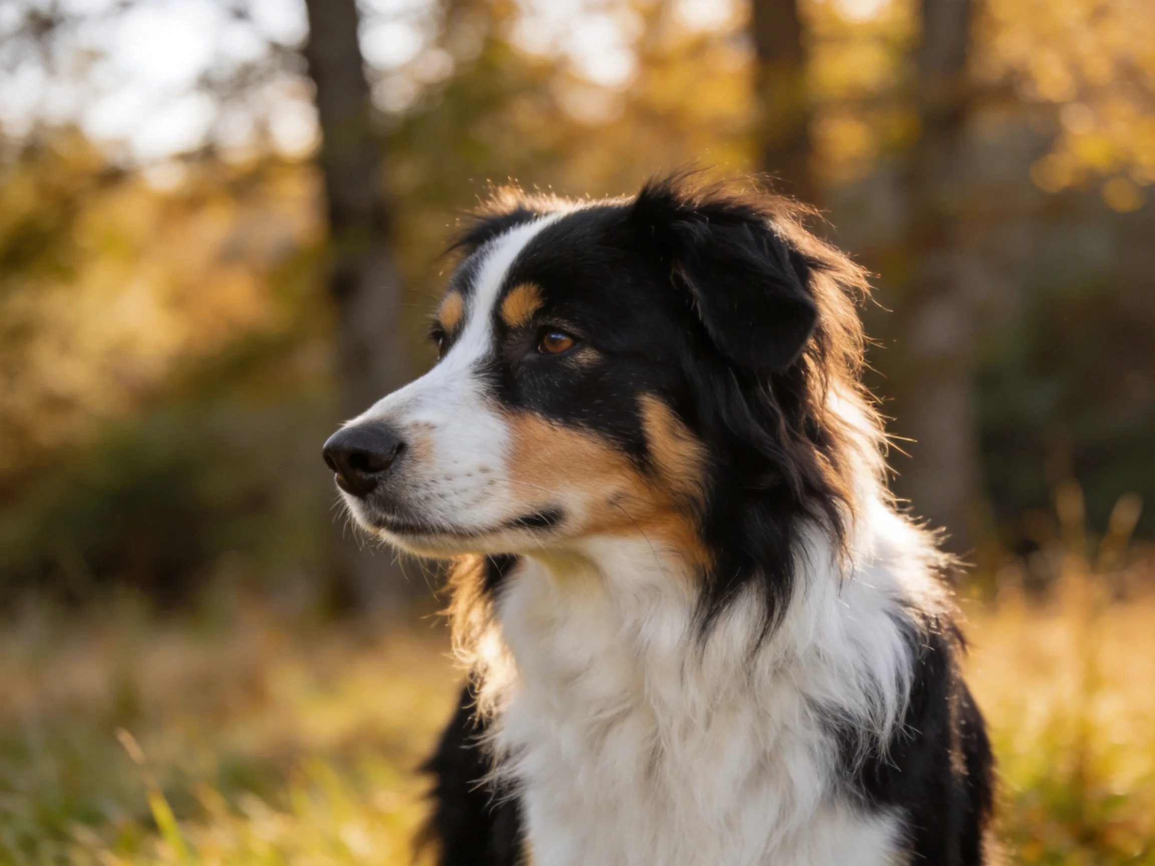 A tricolor Australian Shepherd in a sunlit forest clearing