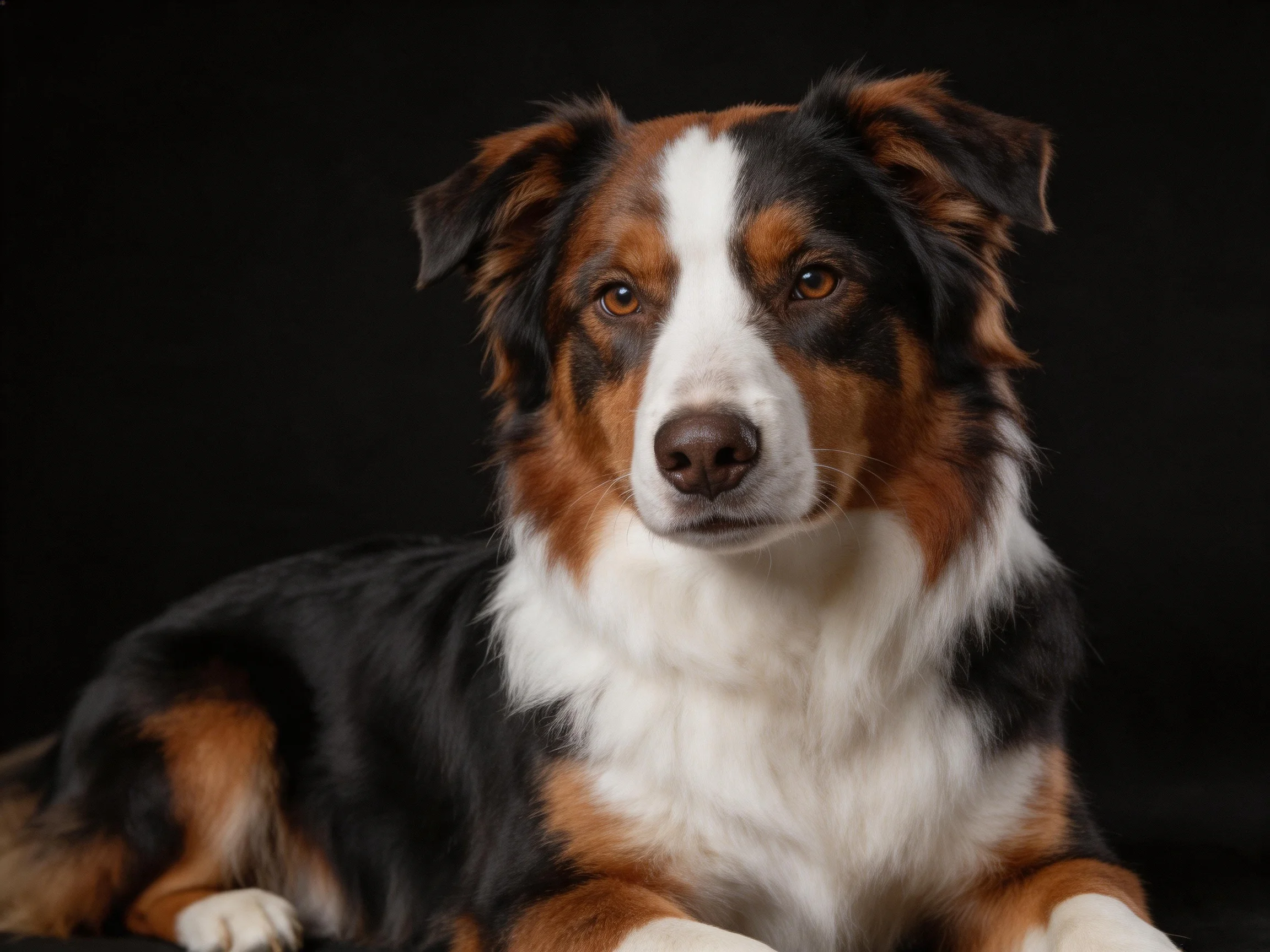 A tricolor Australian Shepherd rests against a solid black backdrop