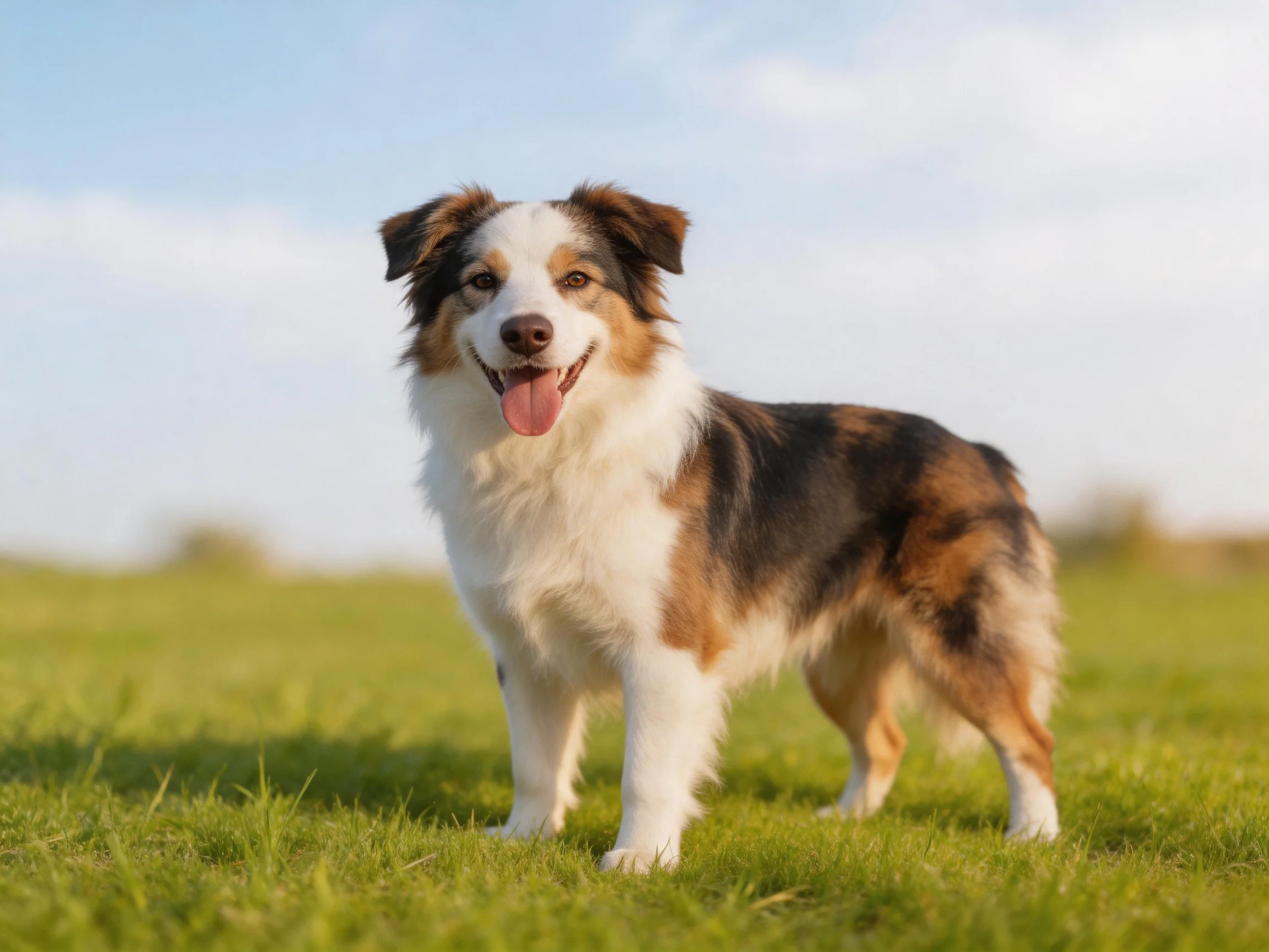 A tricolor Australian Shepherd stands happily on lush green grass