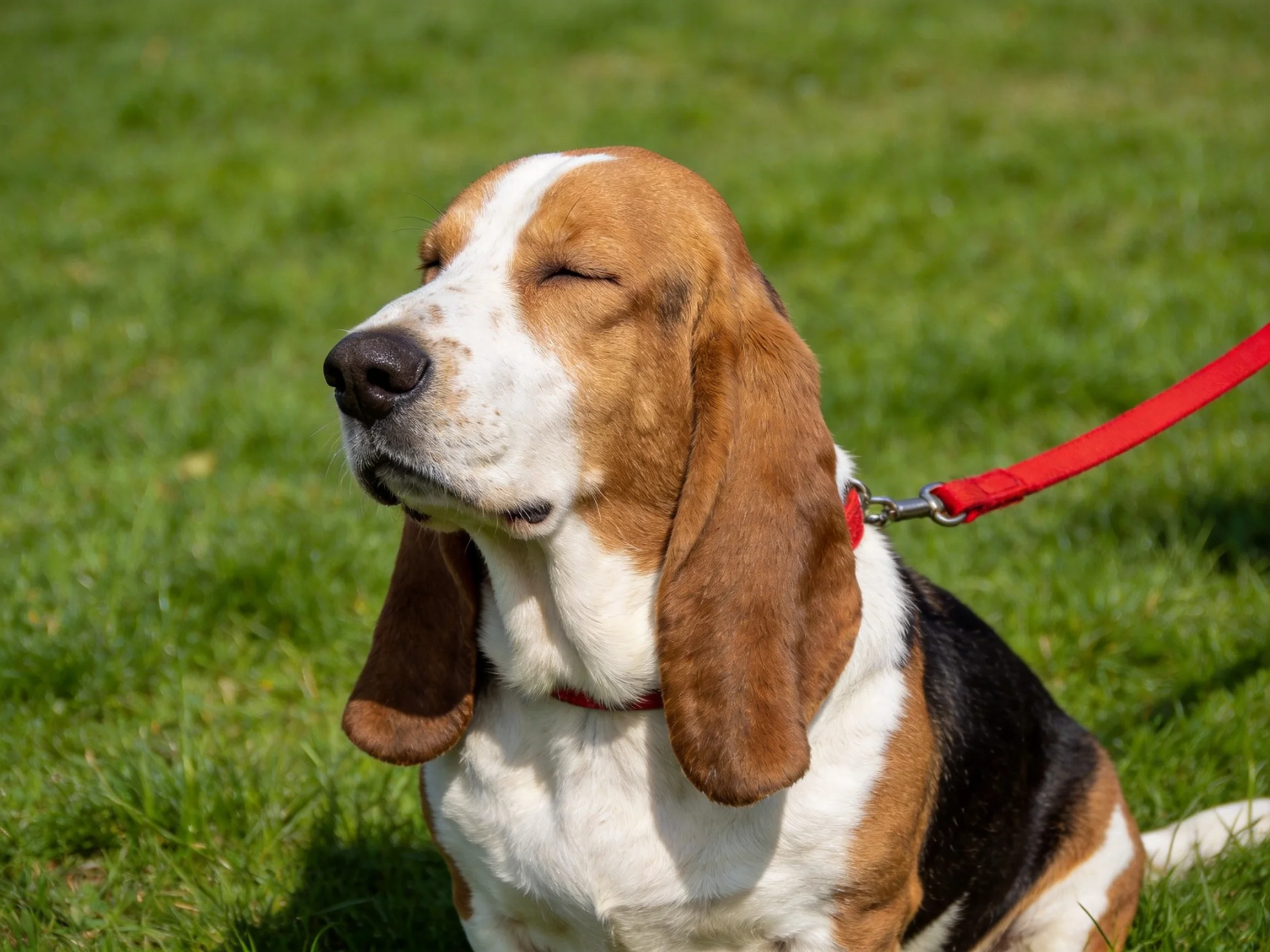 A tricolor Basset Hound rests on lush green grass with a red leash
