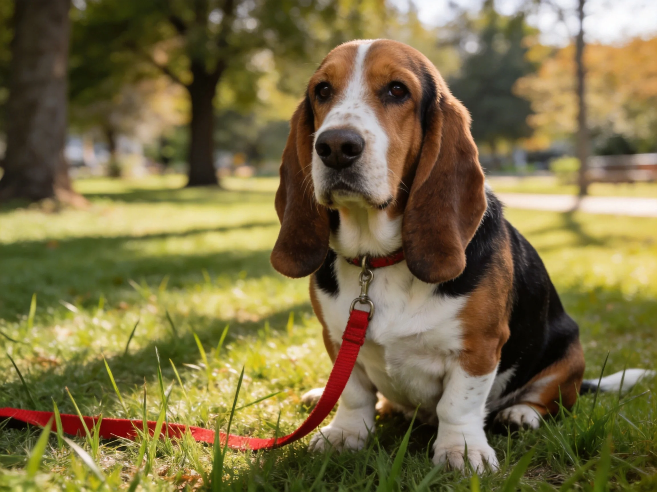 A tricolor Basset Hound sits on green grass with a red leash