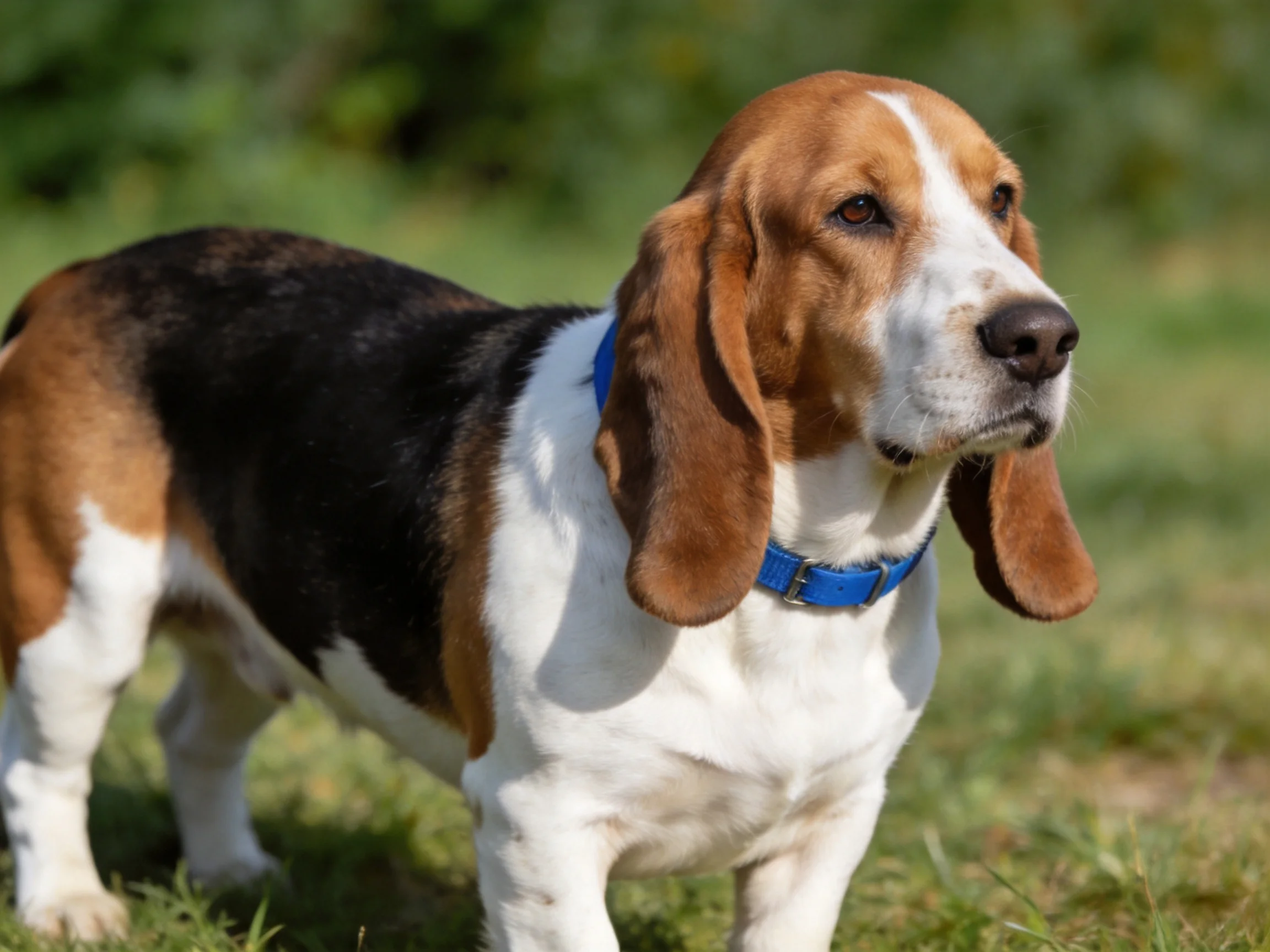 A tricolor Basset Hound with a blue collar stands on grass.