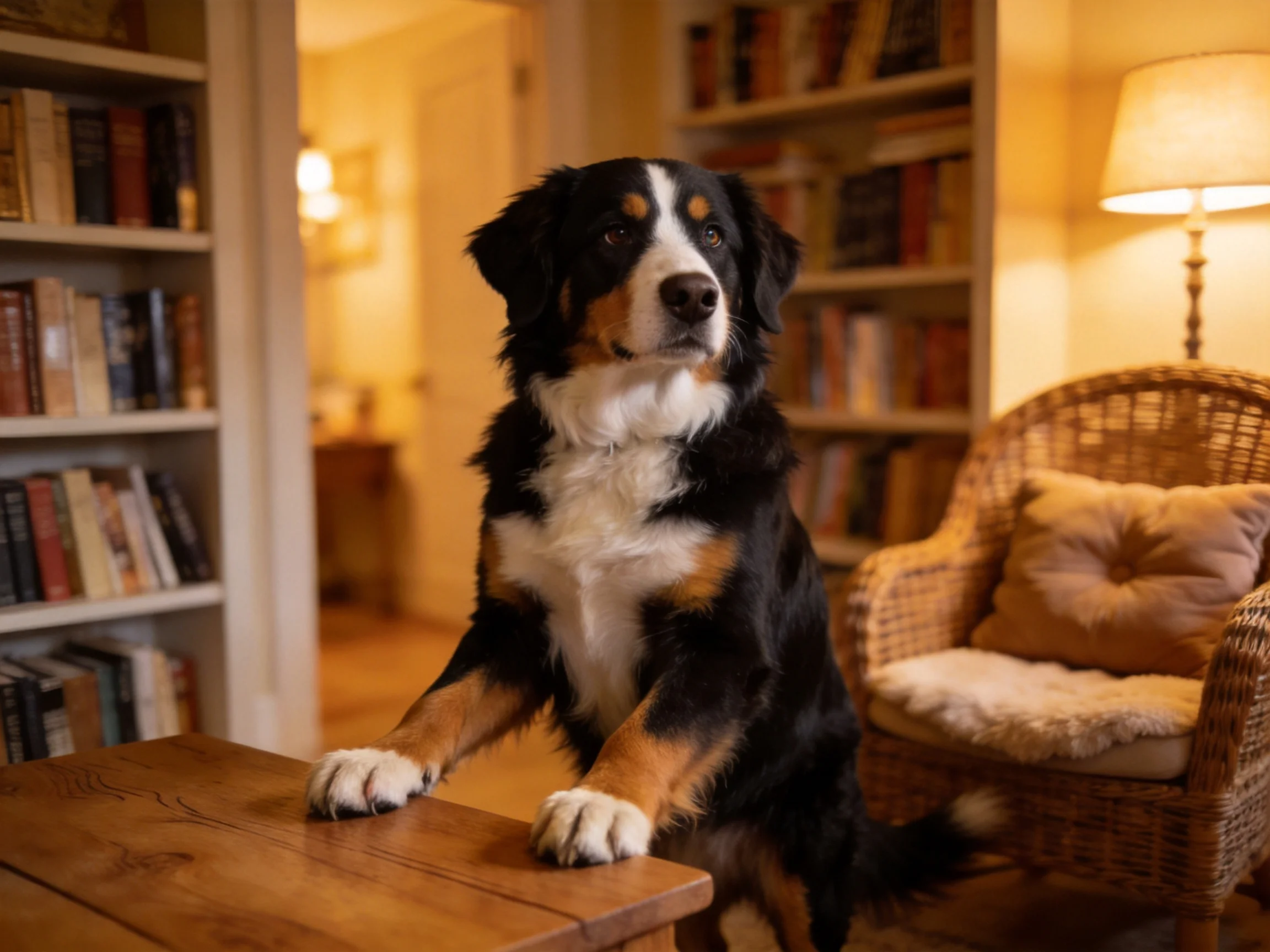A tricolor Bernese Mountain Dog stands by a wooden table in a cozy room
