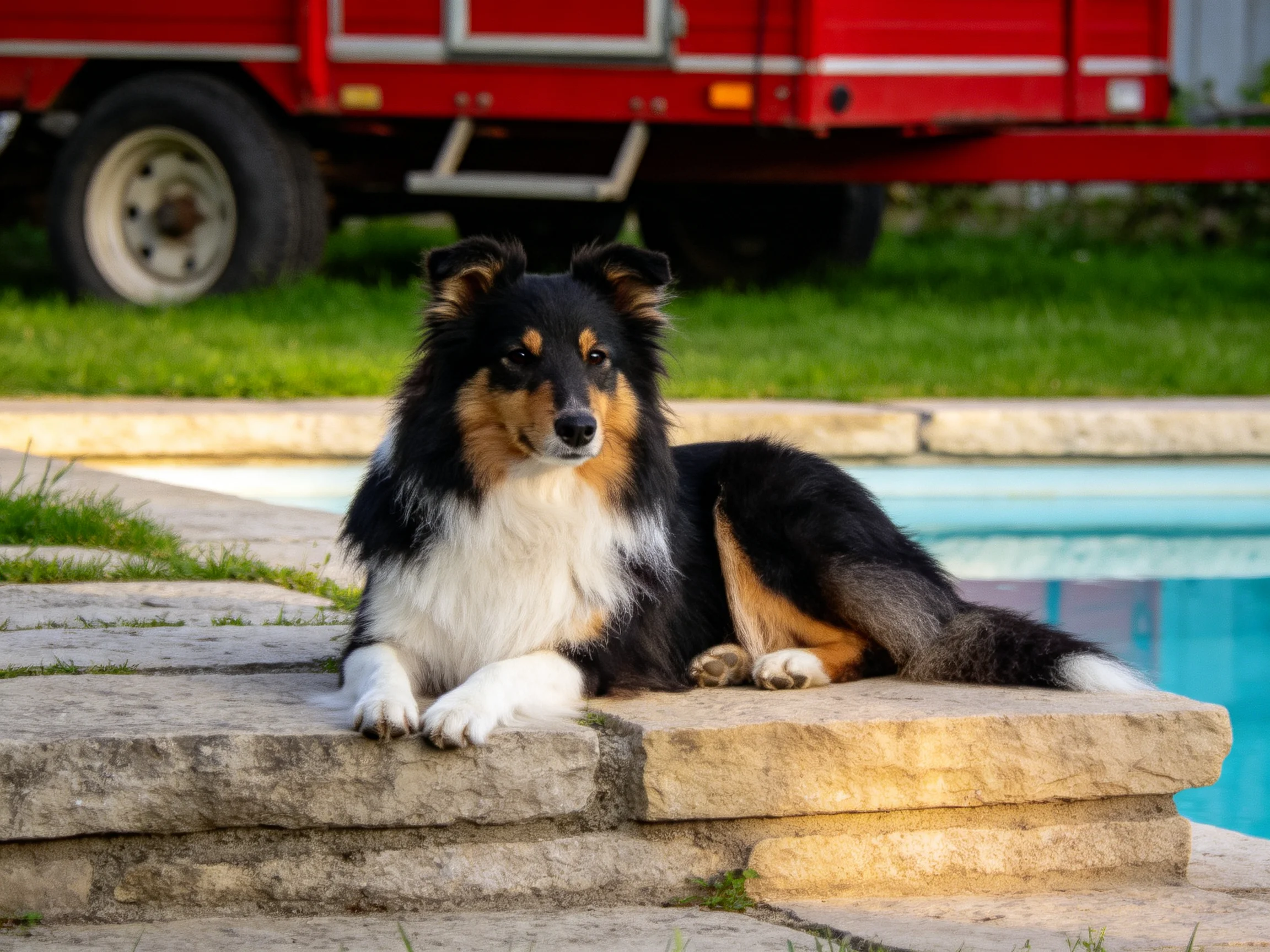A tricolor Collie rests by a swimming pool next to a red trailer
