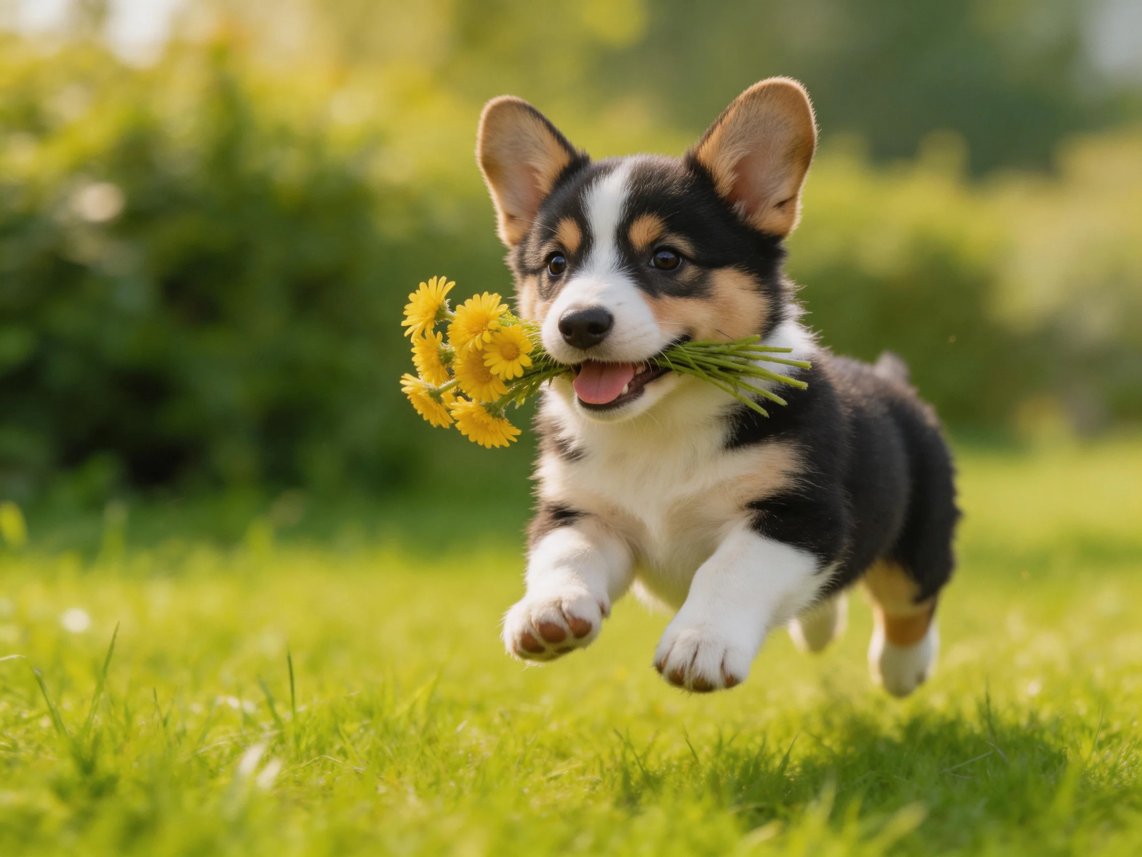 A tricolor Corgi puppy carries yellow dandelions on lush green grass