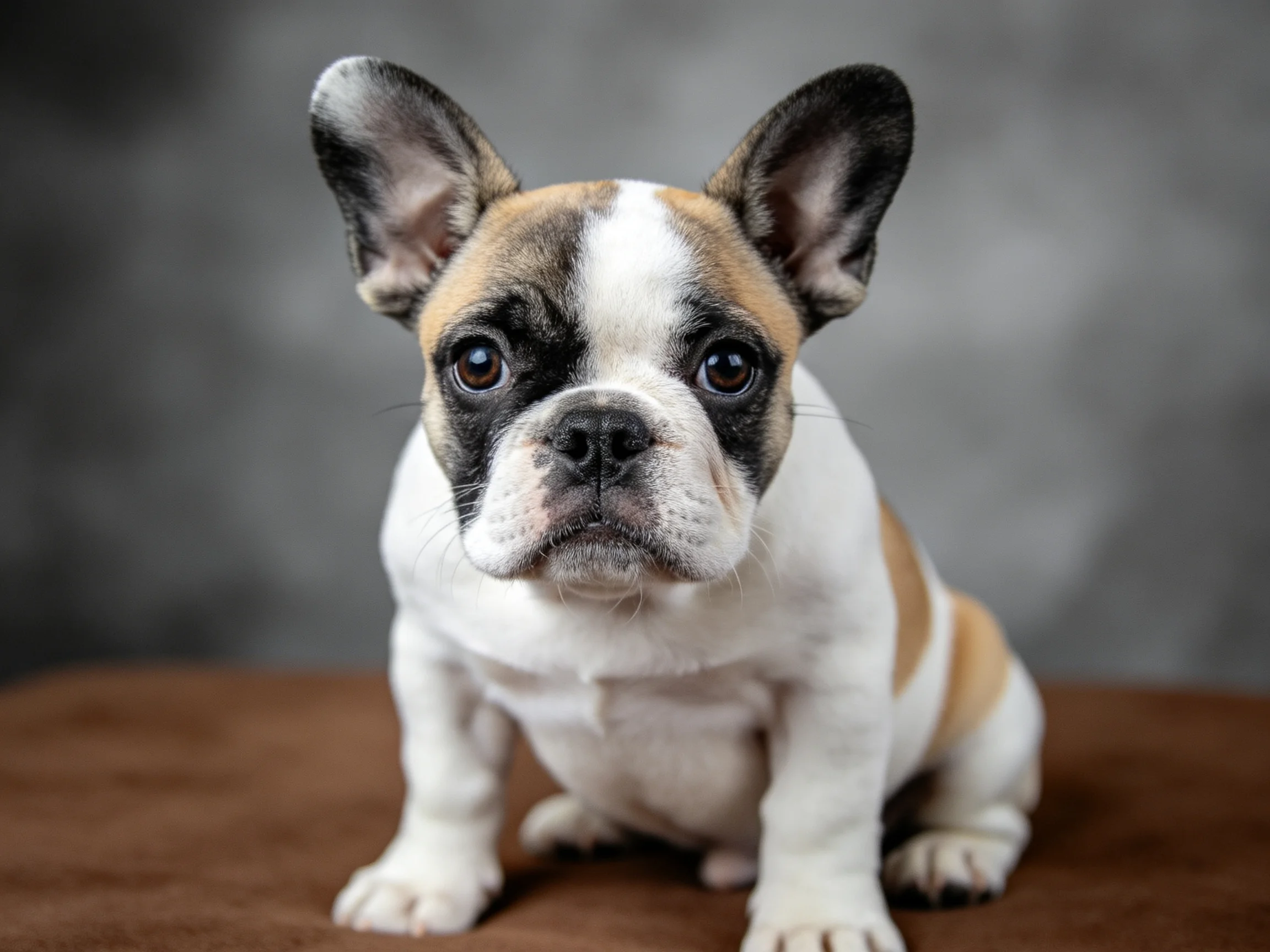 A tricolor French bulldog puppy sitting on a brown fabric surface