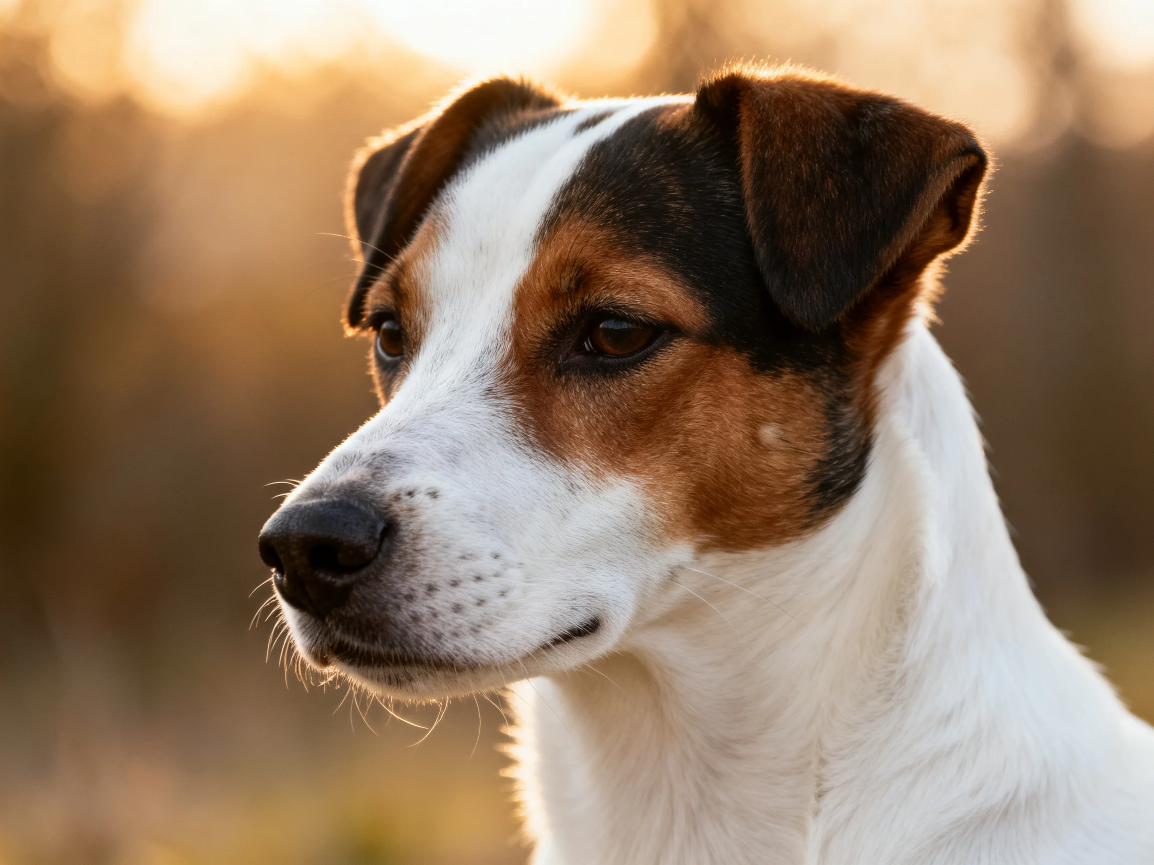A tricolor Jack Russell Terrier gazes attentively in golden light