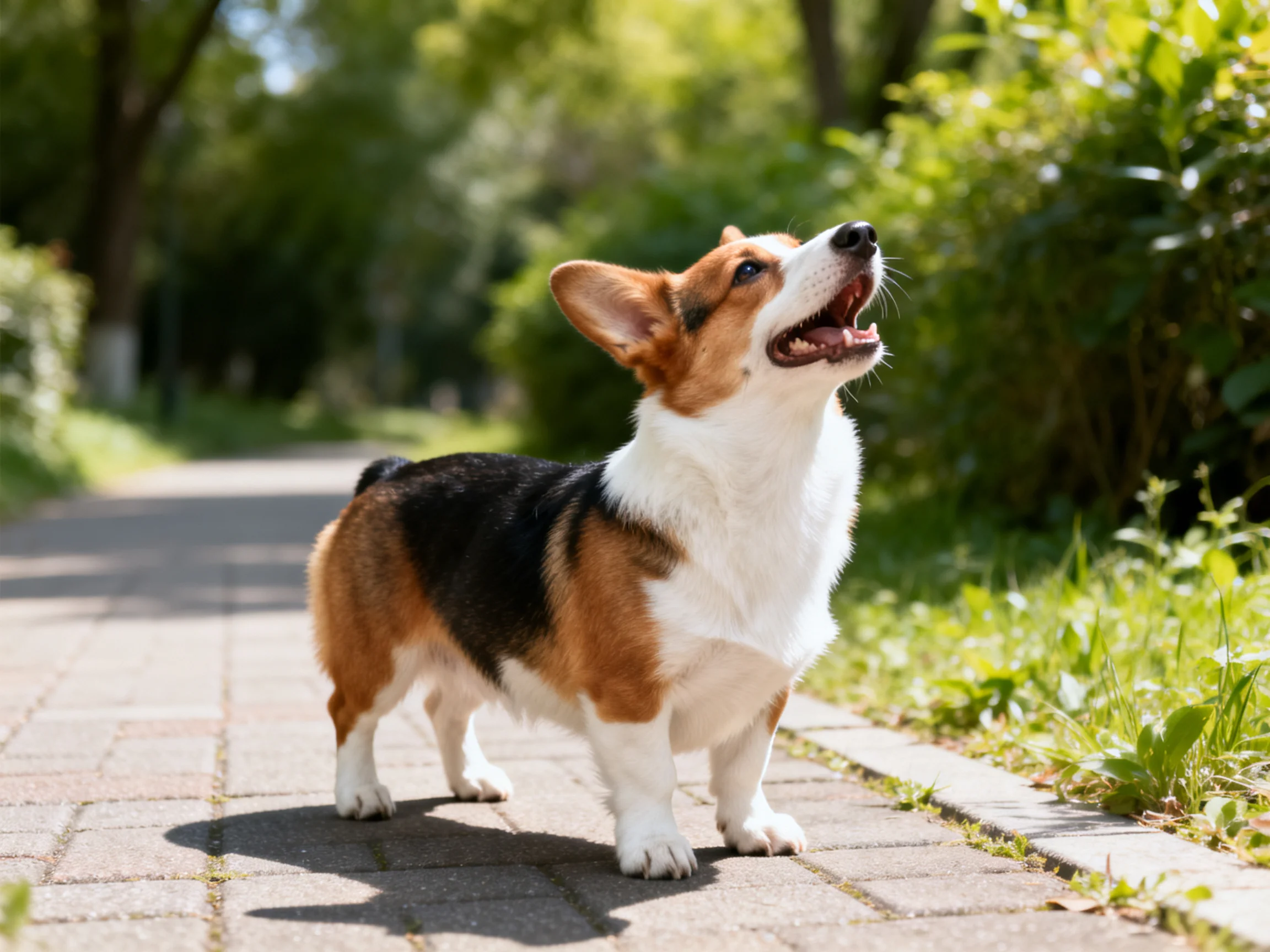 A tricolor Pembroke Welsh Corgi barks on a sunlit brick path