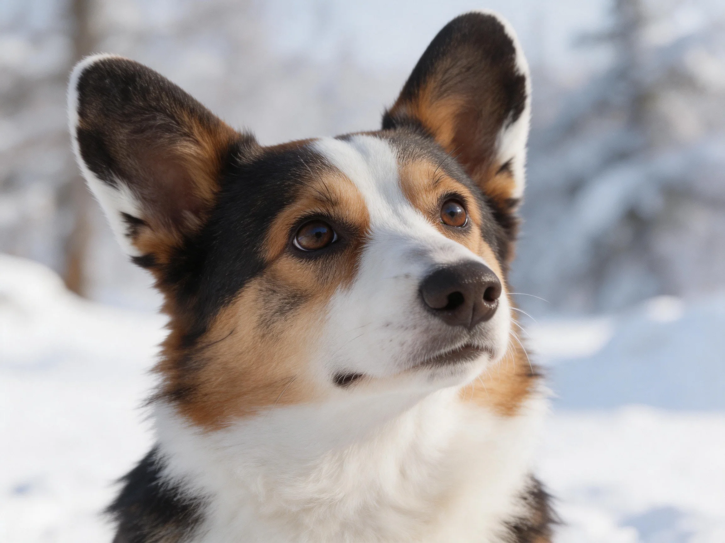 A tricolor Pembroke Welsh Corgi gazes upward in a snowy outdoor setting.