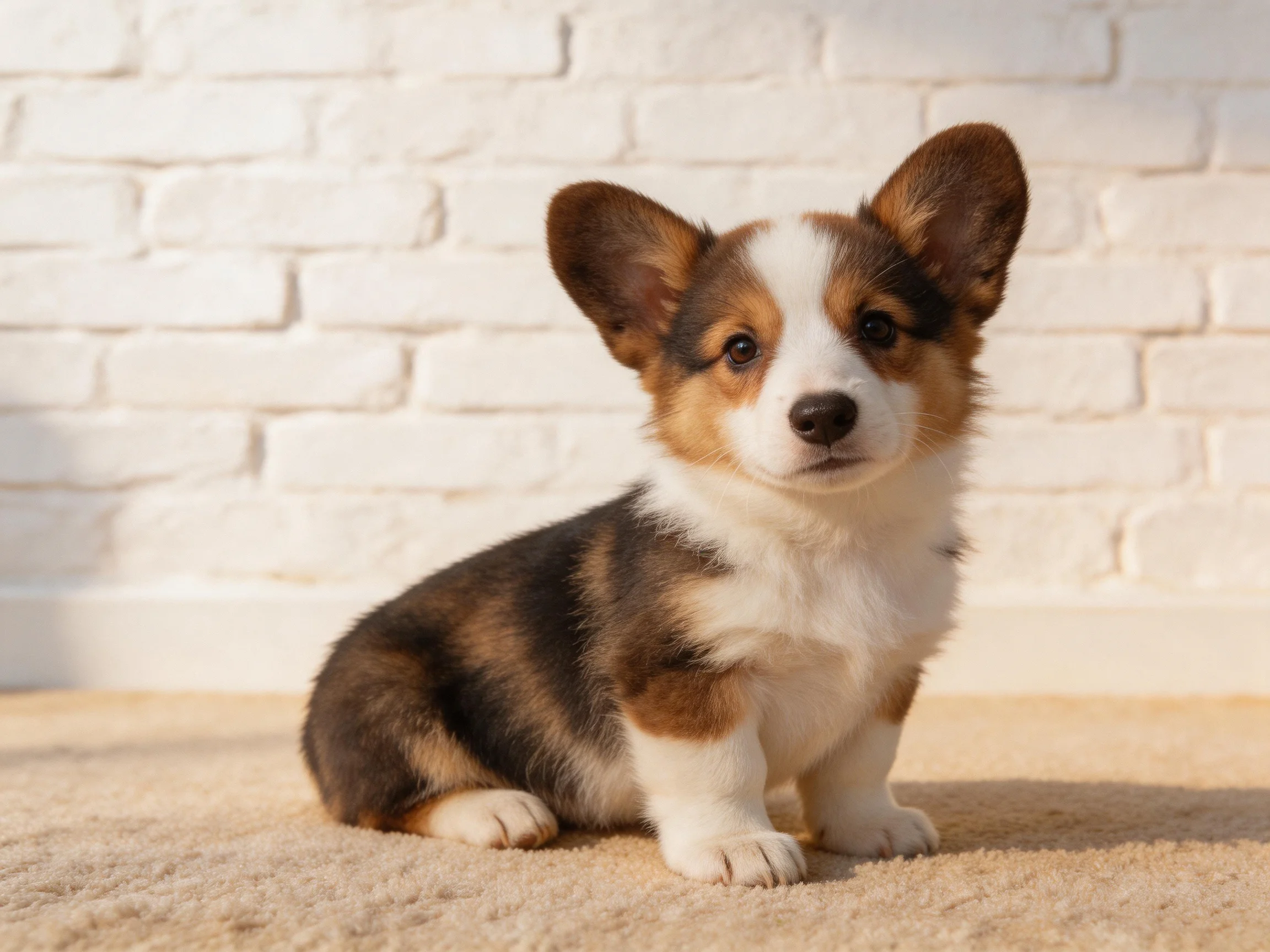 A tricolor Pembroke Welsh Corgi puppy sits near a white brick wall.