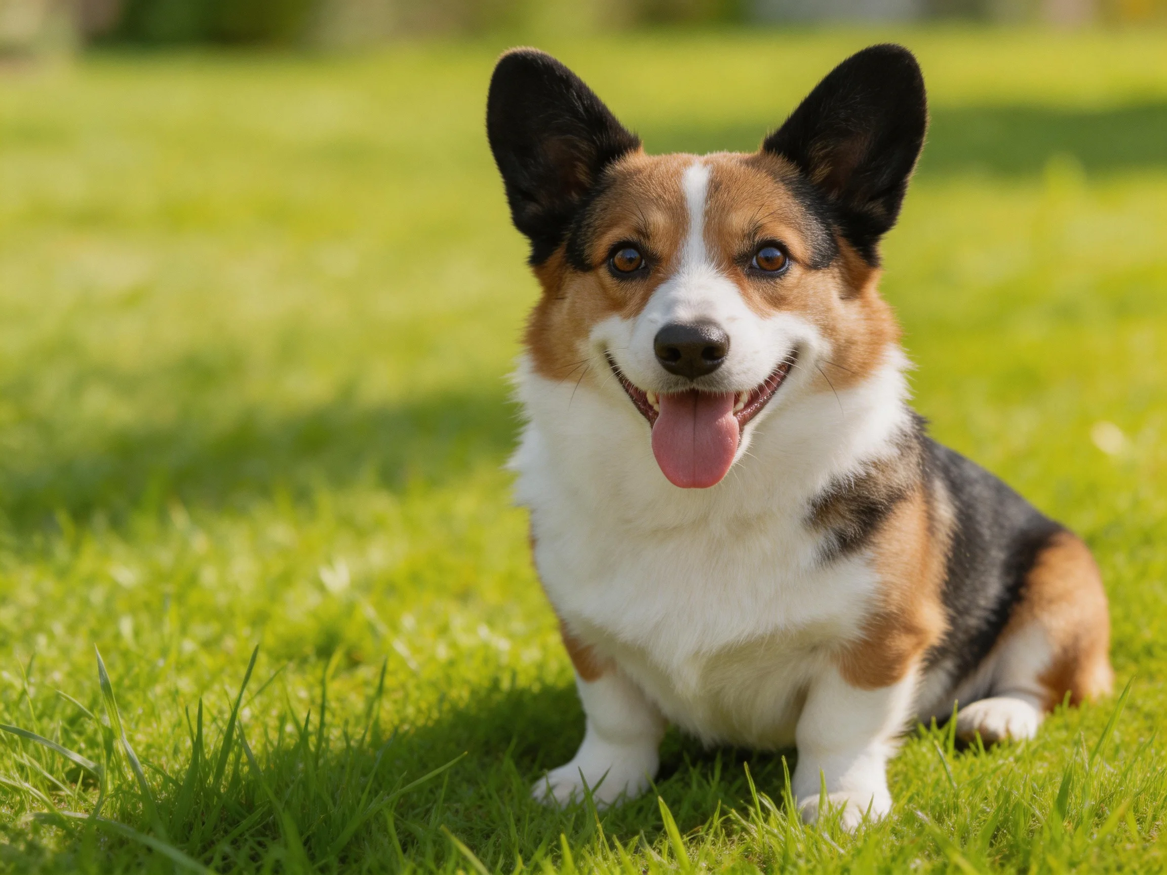 A tricolor Pembroke Welsh Corgi relaxes on green grass in a sunny outdoor setting.