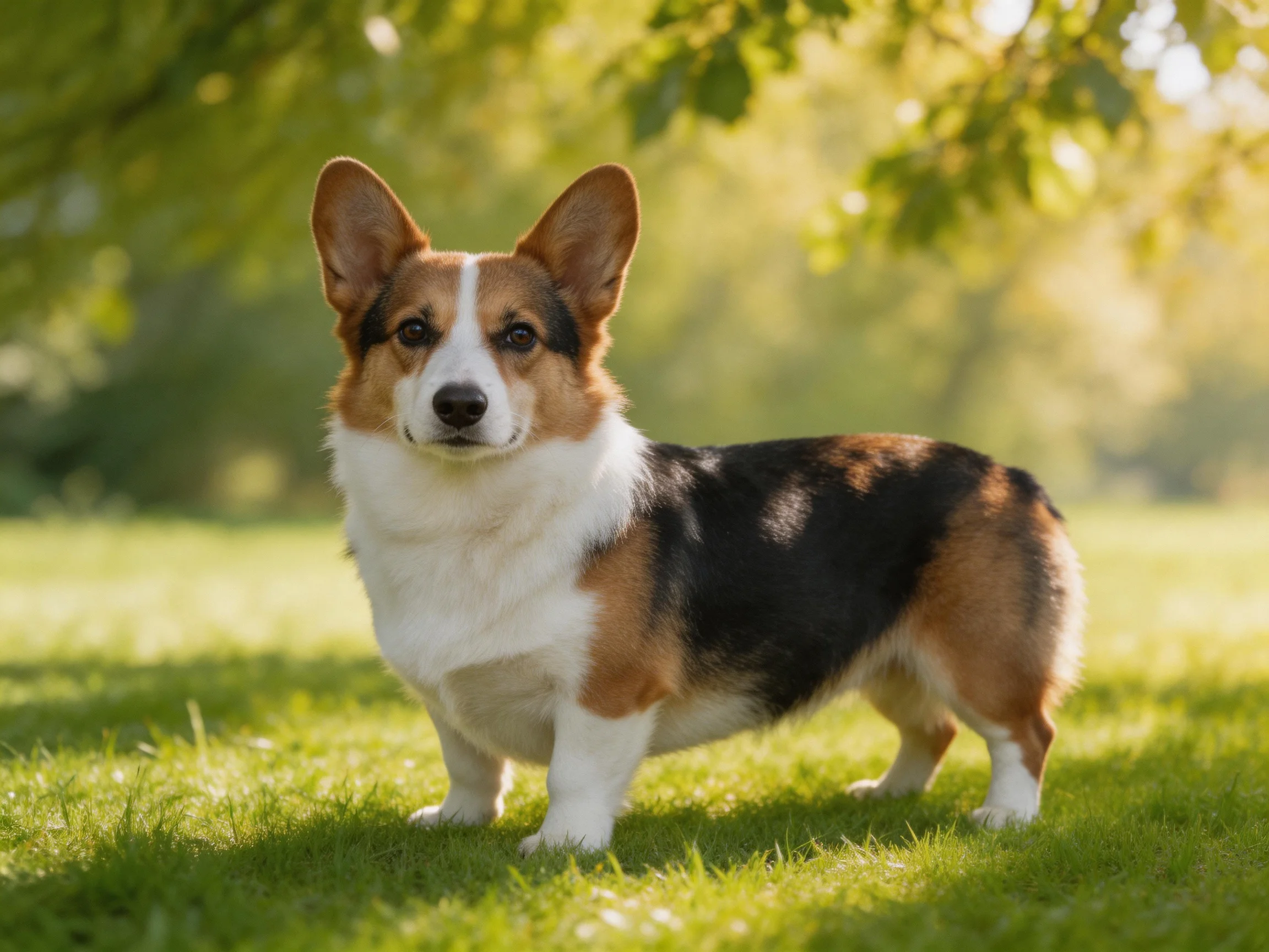 A tricolor Pembroke Welsh Corgi stands on sun-dappled green grass