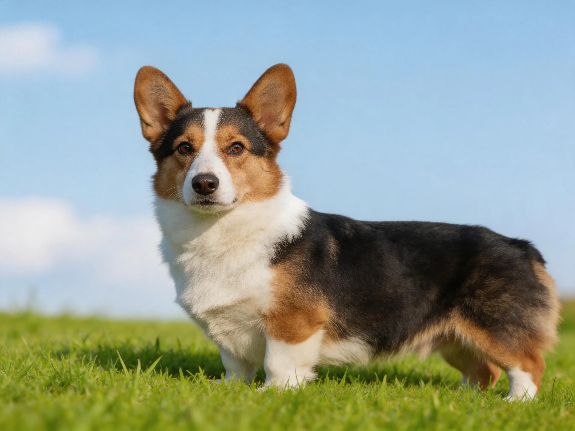 A tricolor Pembroke Welsh Corgi stands on vibrant green grass against a clear blue sky