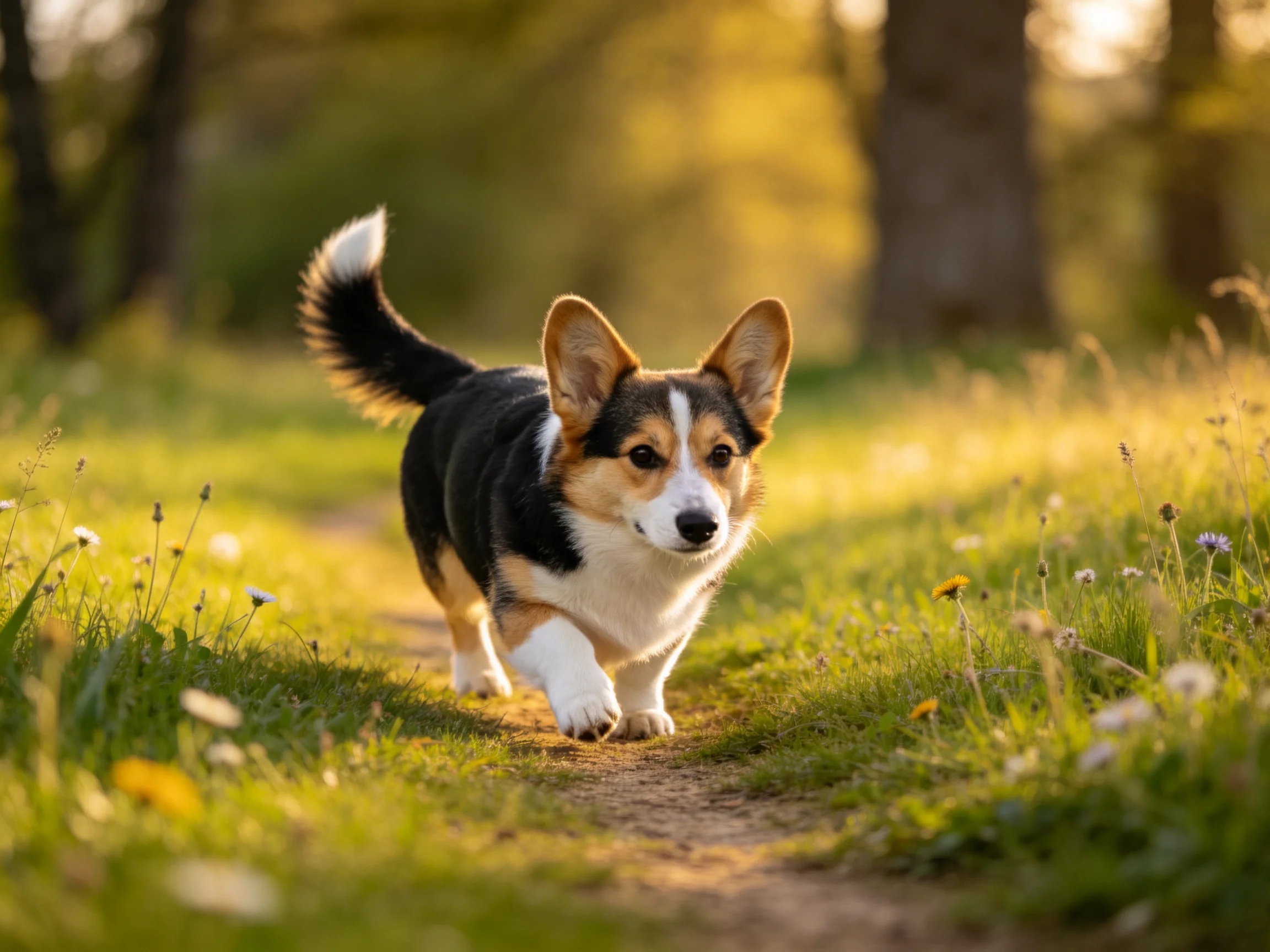 A tricolor Pembroke Welsh corgi explores a sunlit forest trail