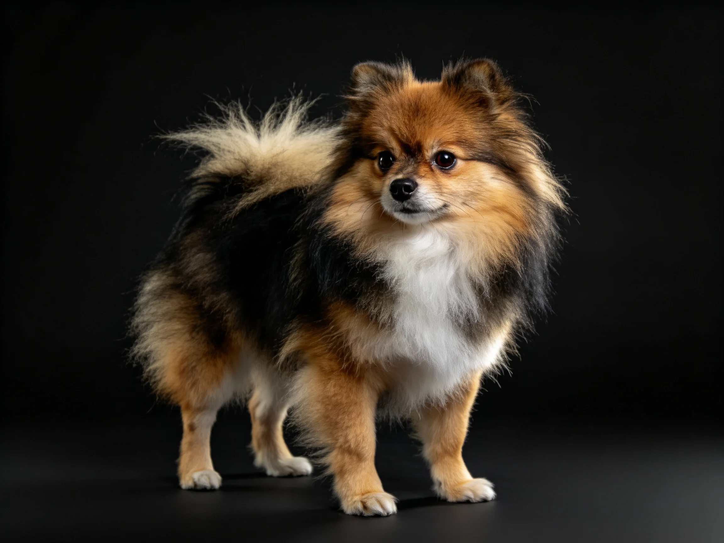 A tricolor Pomeranian with fluffy coat on dark backdrop