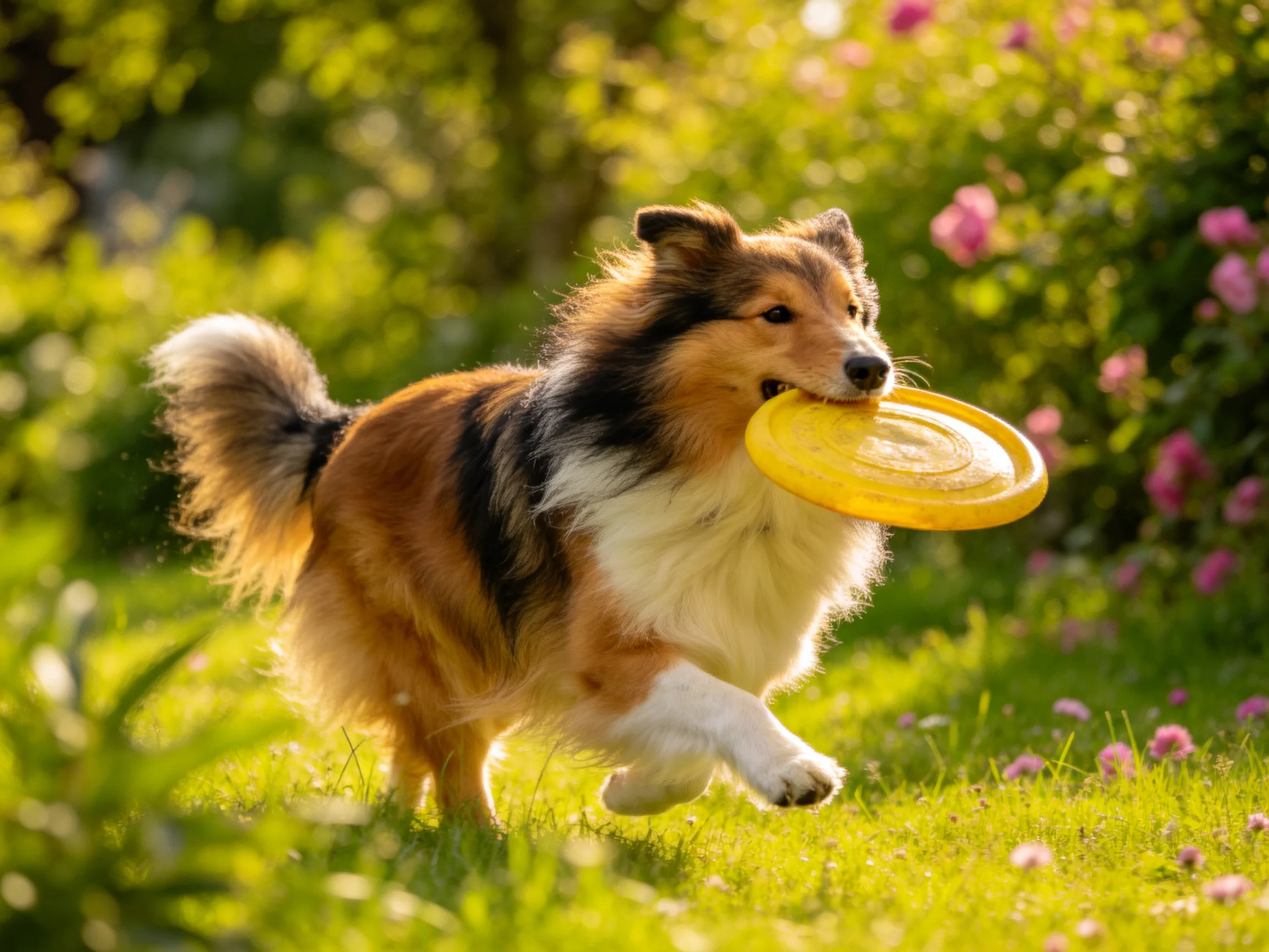 A tricolor Sheltie carries a bright yellow frisbee through a sunlit garden