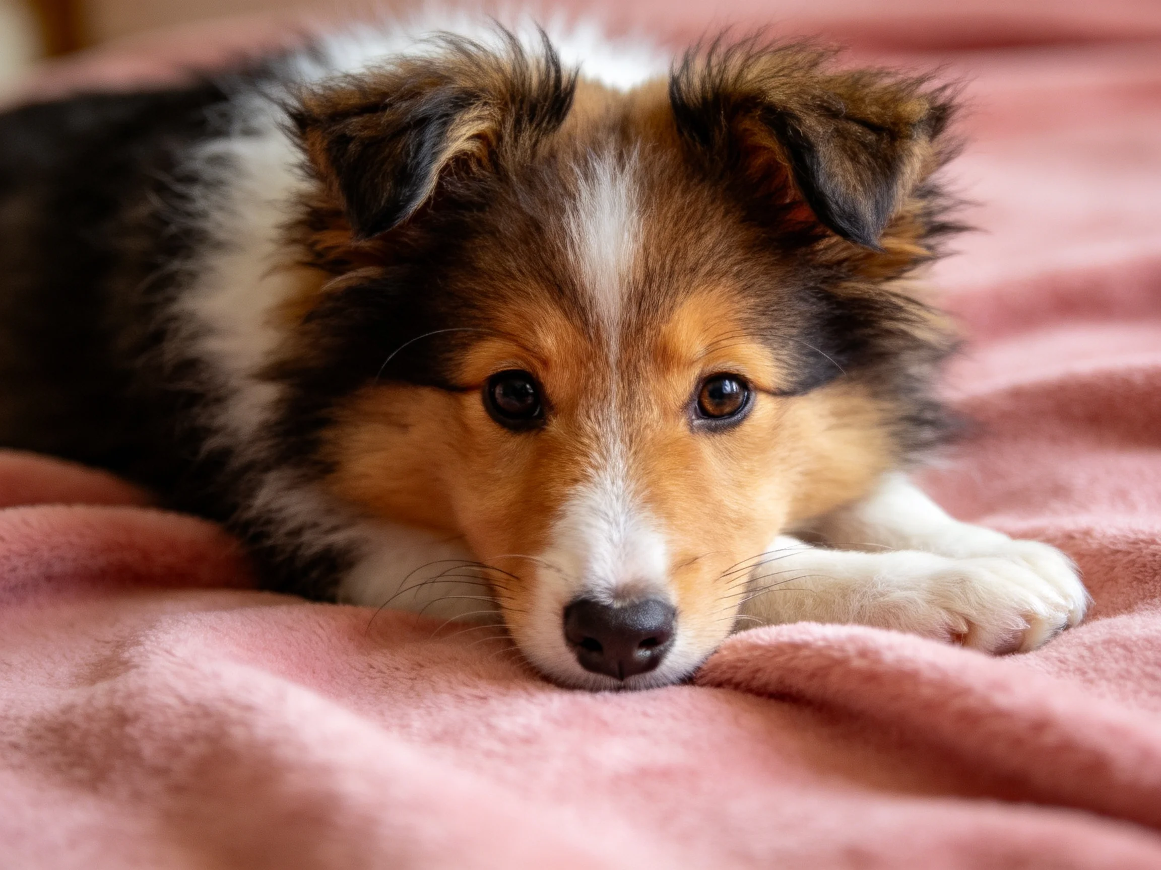 A tricolor Sheltie puppy resting on a soft pink blanket