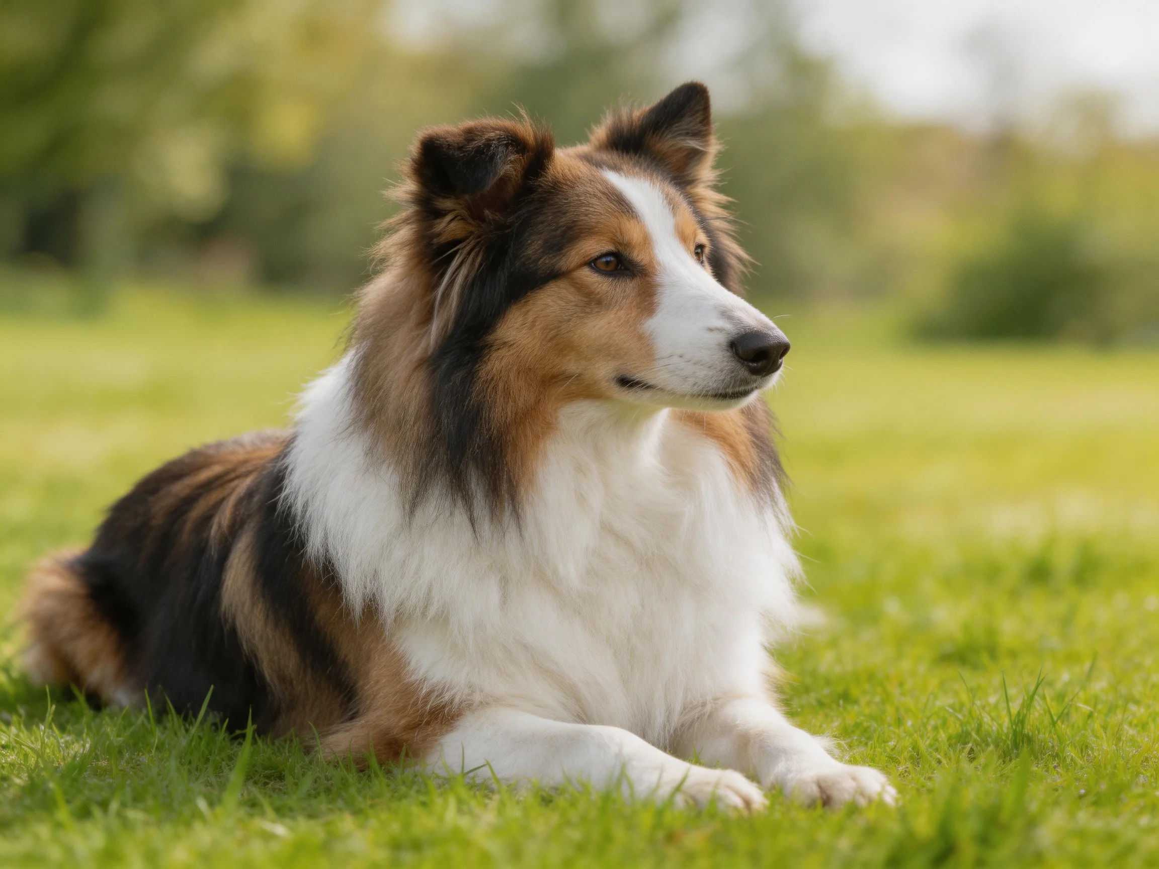 A tricolor Sheltie lies calmly on green grass in a sunlit outdoor area.