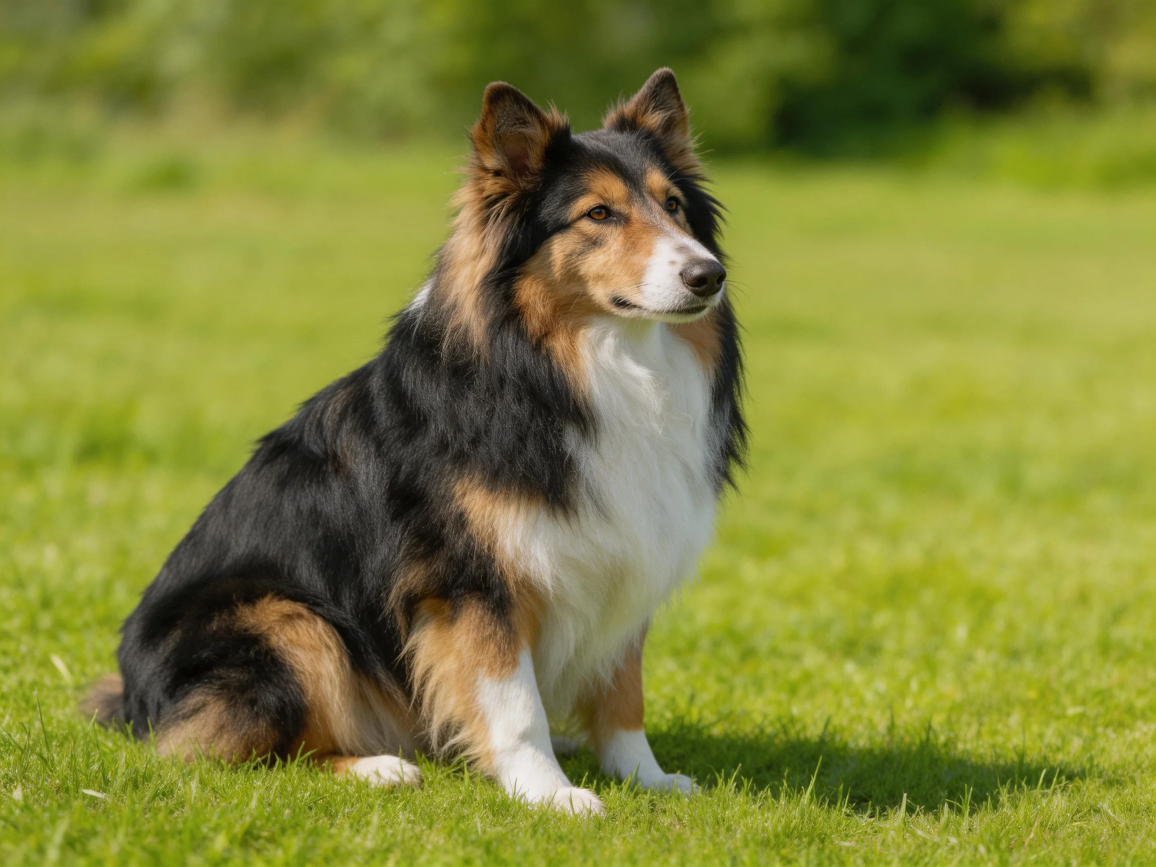A tricolor Sheltie sits alertly on lush green grass