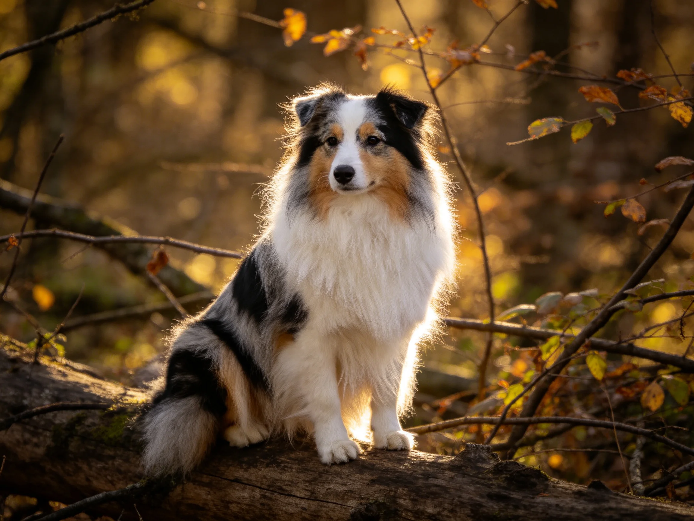 A tricolor Sheltie sits on a fallen log in a sun-dappled forest