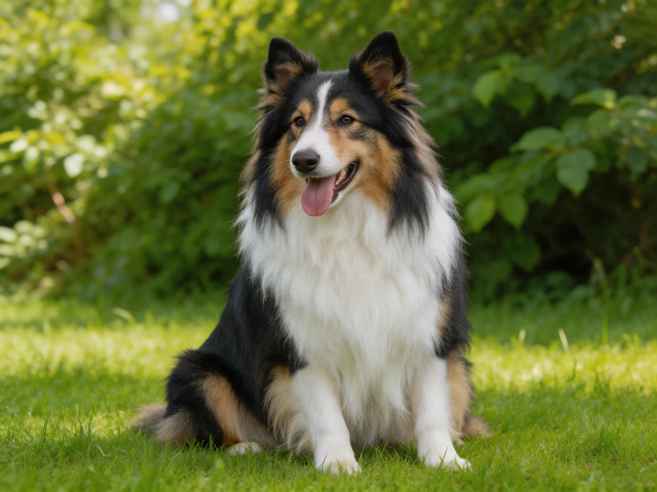 A tricolor Sheltie rests on green grass in a sunlit garden setting.